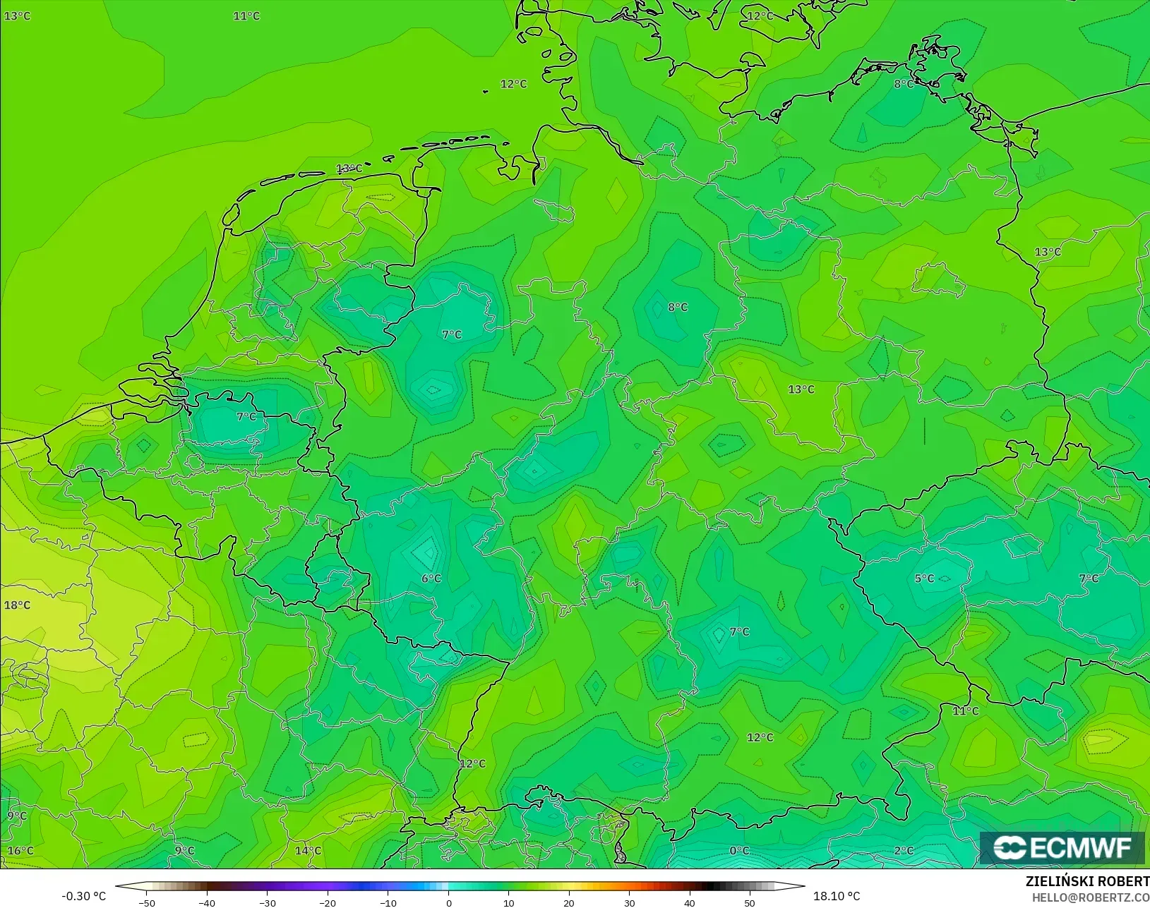 ECMWF IFS 0.25° model - Germany, Dewpoint at 2m