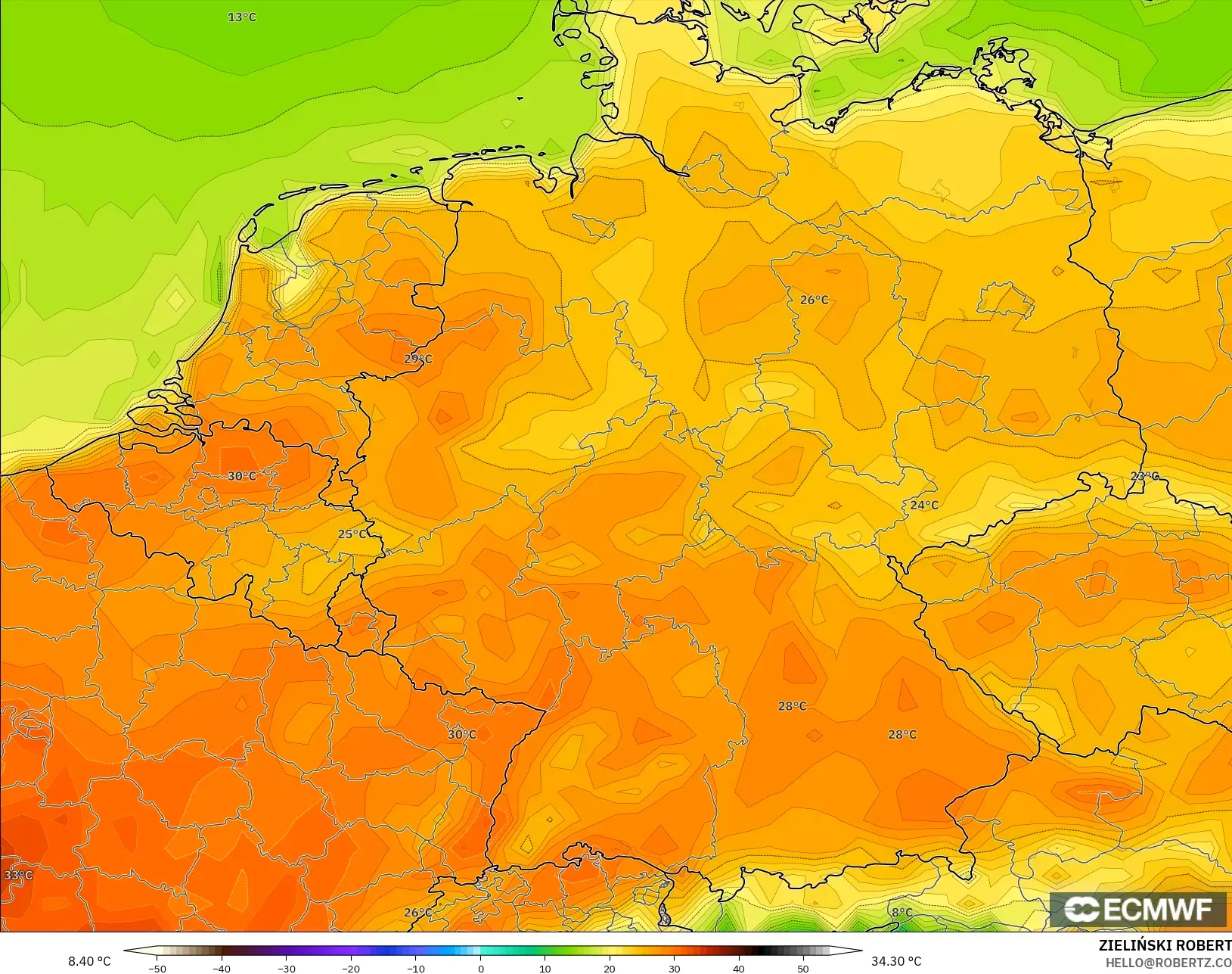 ECMWF IFS 0.25° model - Germany, Temperature at 2m