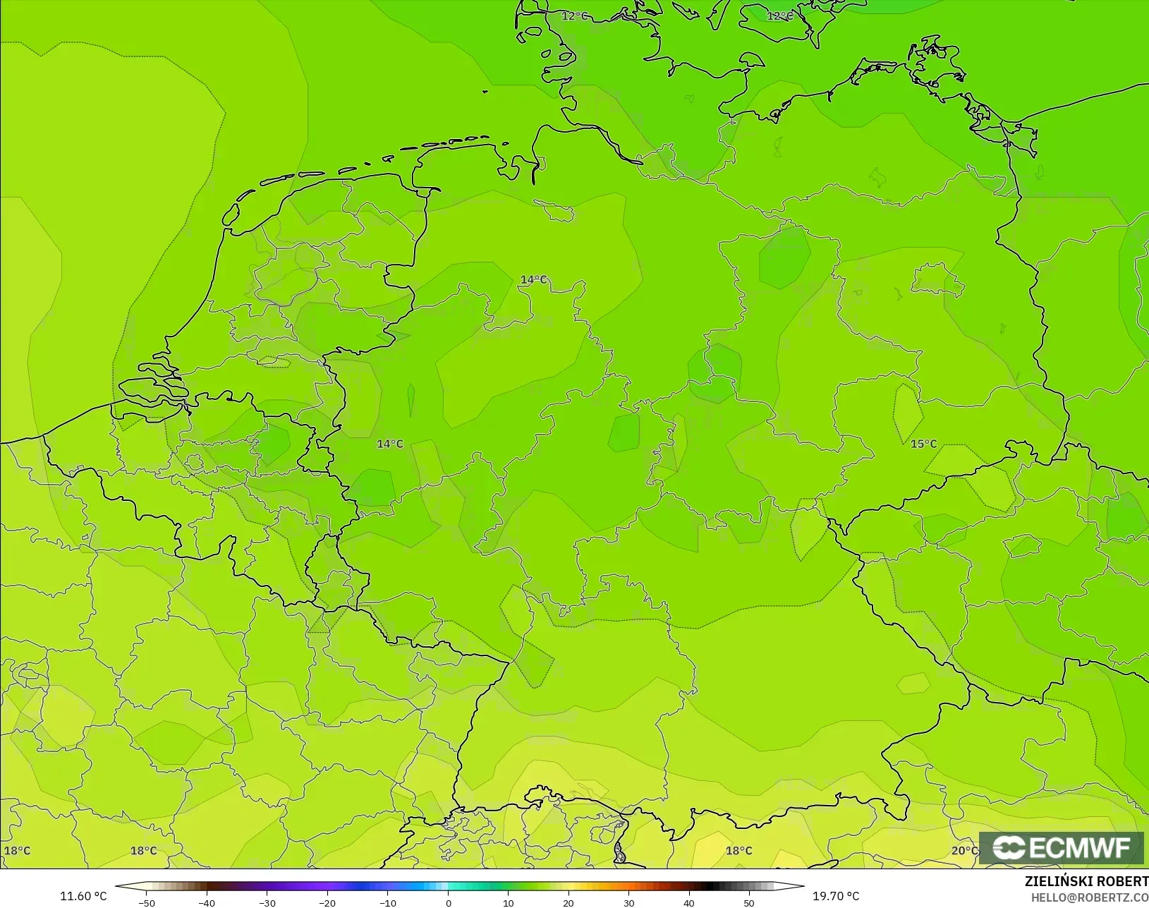 ECMWF IFS 0.25° model - Germany, Temperature at 850hPa