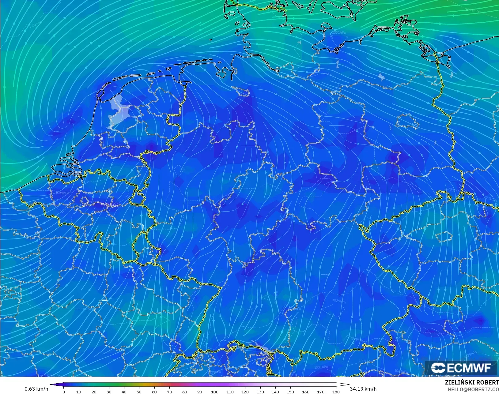 ECMWF IFS 0.25° model - Germany, Wind at 10m