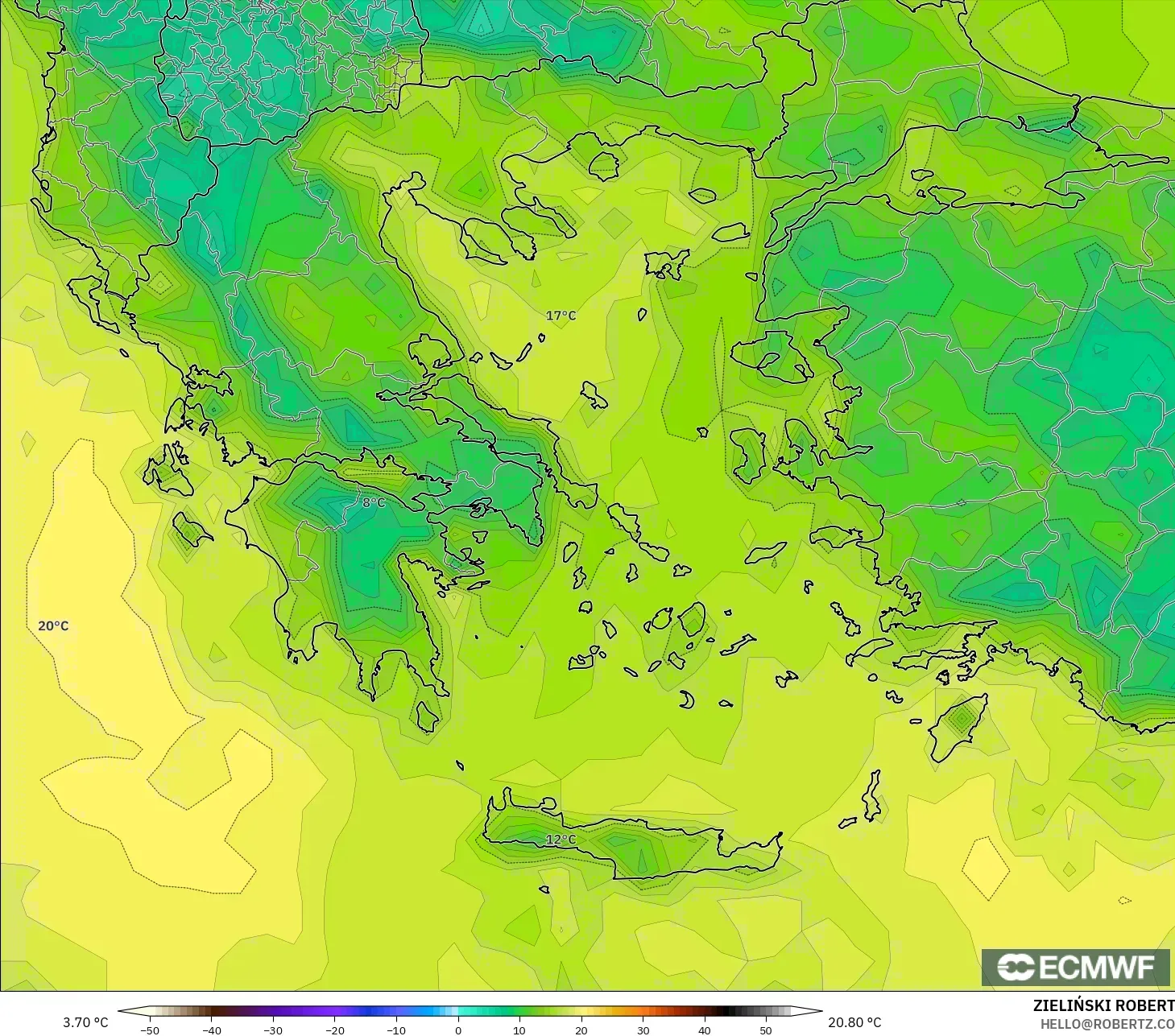 ECMWF IFS 0.25° model - Greece, Dewpoint at 2m