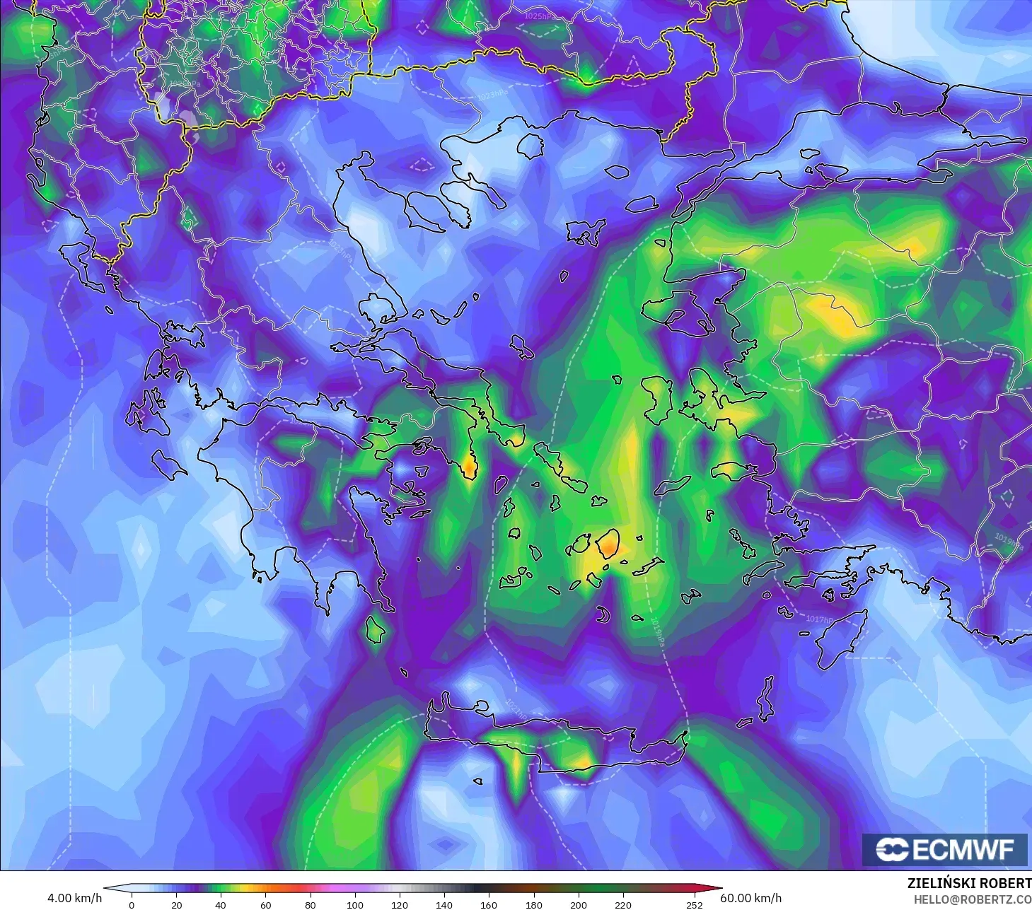 ECMWF IFS 0.25° model - Greece, Wind Gusts