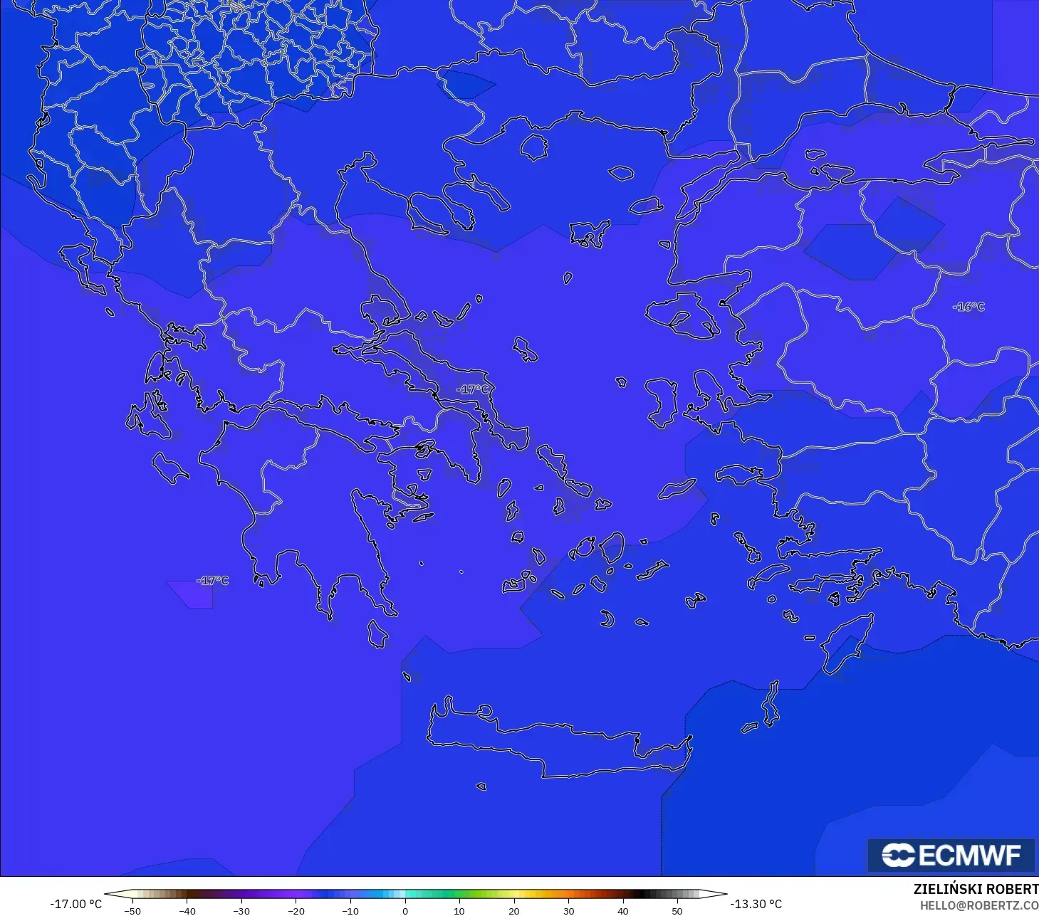 ECMWF IFS 0.25° model - Greece, Temperature at 500hPa