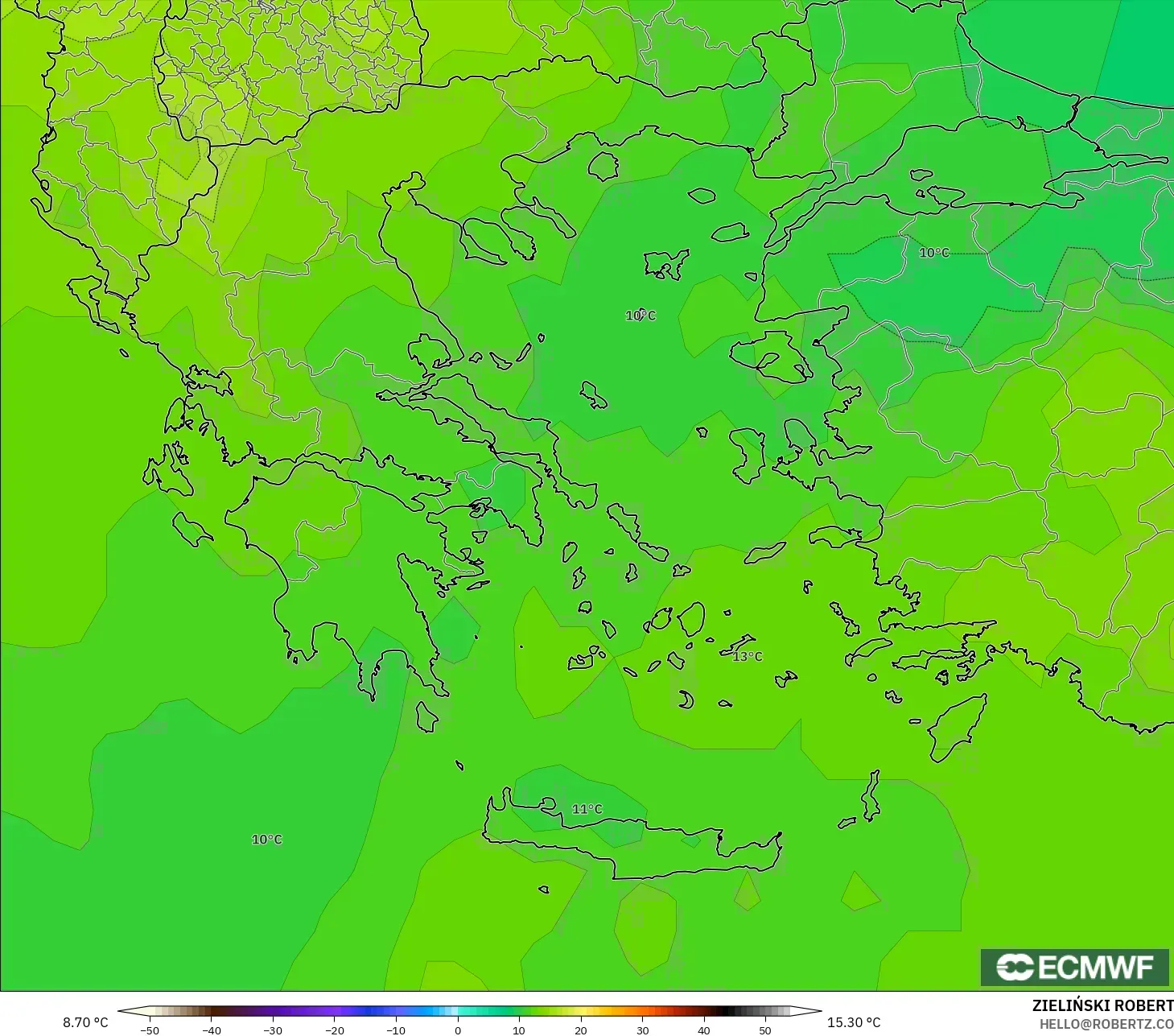 ECMWF IFS 0.25° model - Greece, Temperature at 850hPa