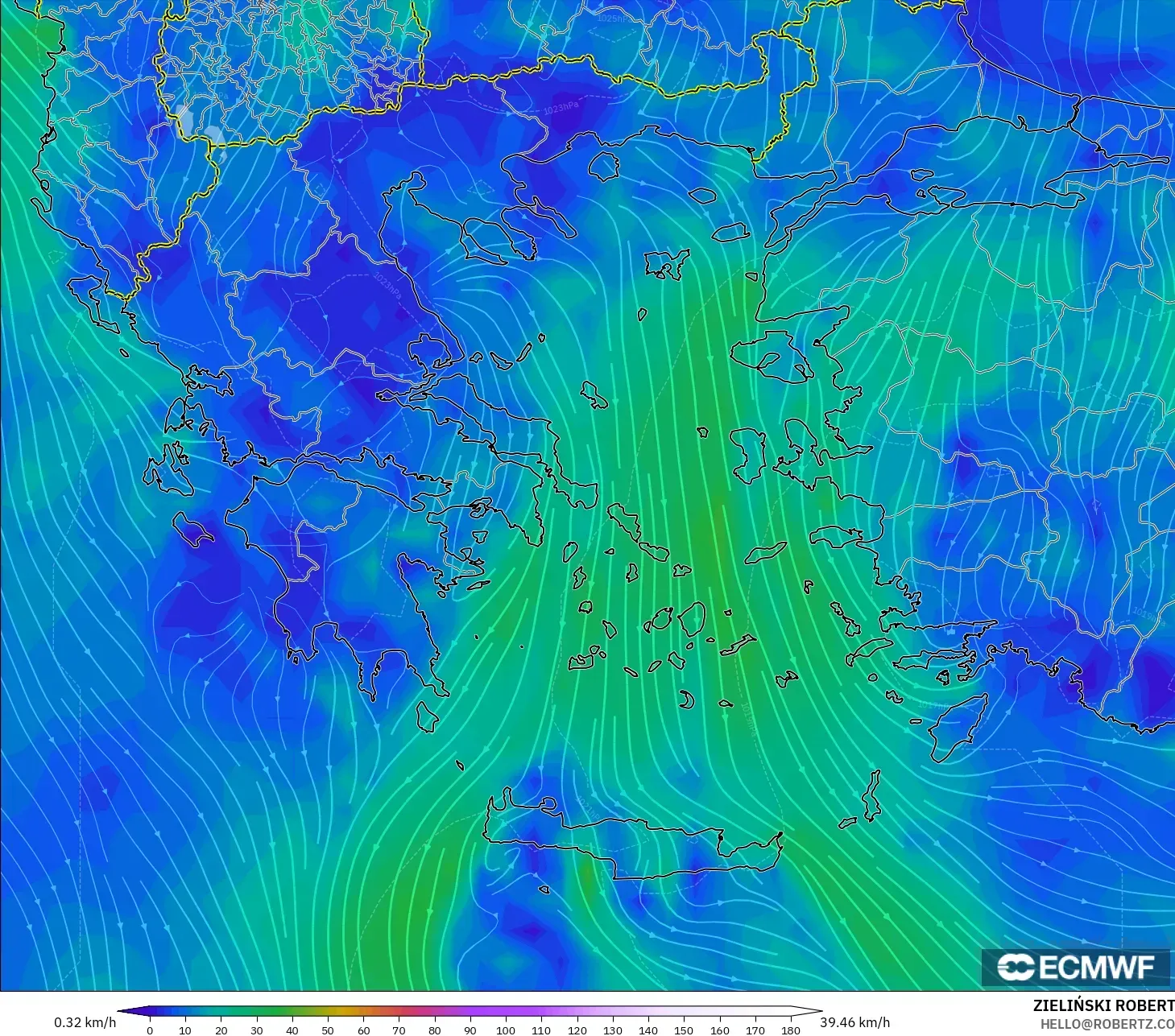 ECMWF IFS 0.25° model - Greece, Wind at 10m