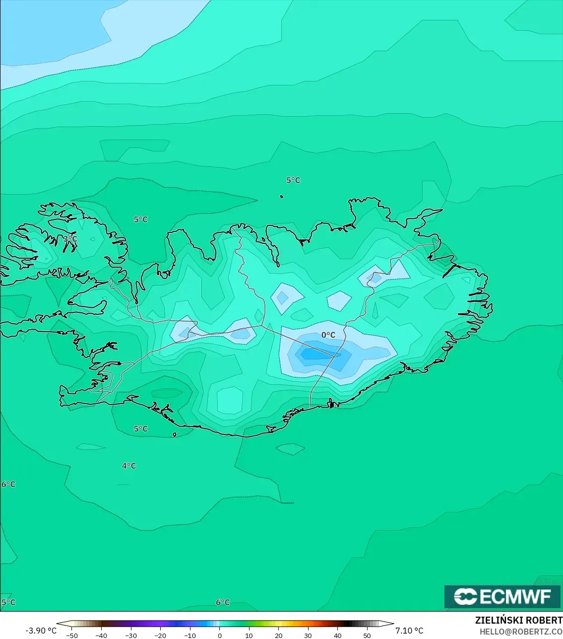 ECMWF IFS 0.25° model - Iceland, Dewpoint at 2m