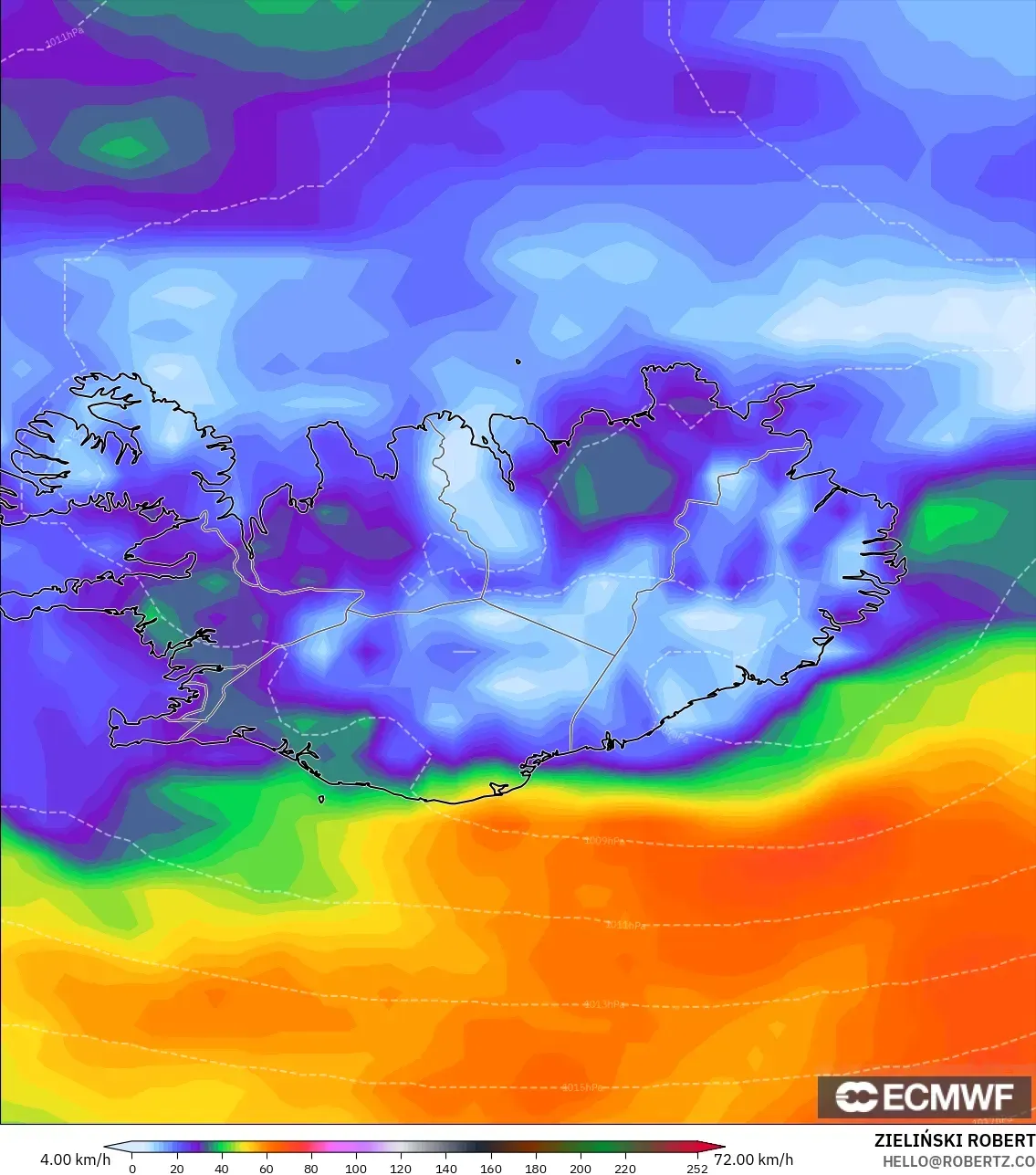 ECMWF IFS 0.25° model - Iceland, Wind Gusts