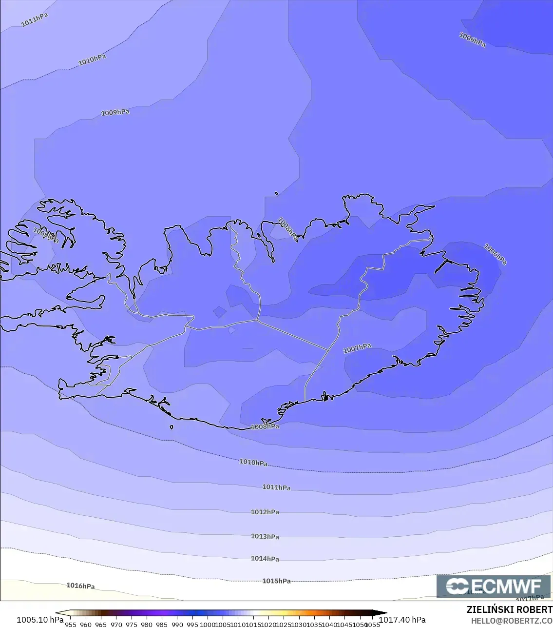 ECMWF IFS 0.25° model - Iceland, Pressure