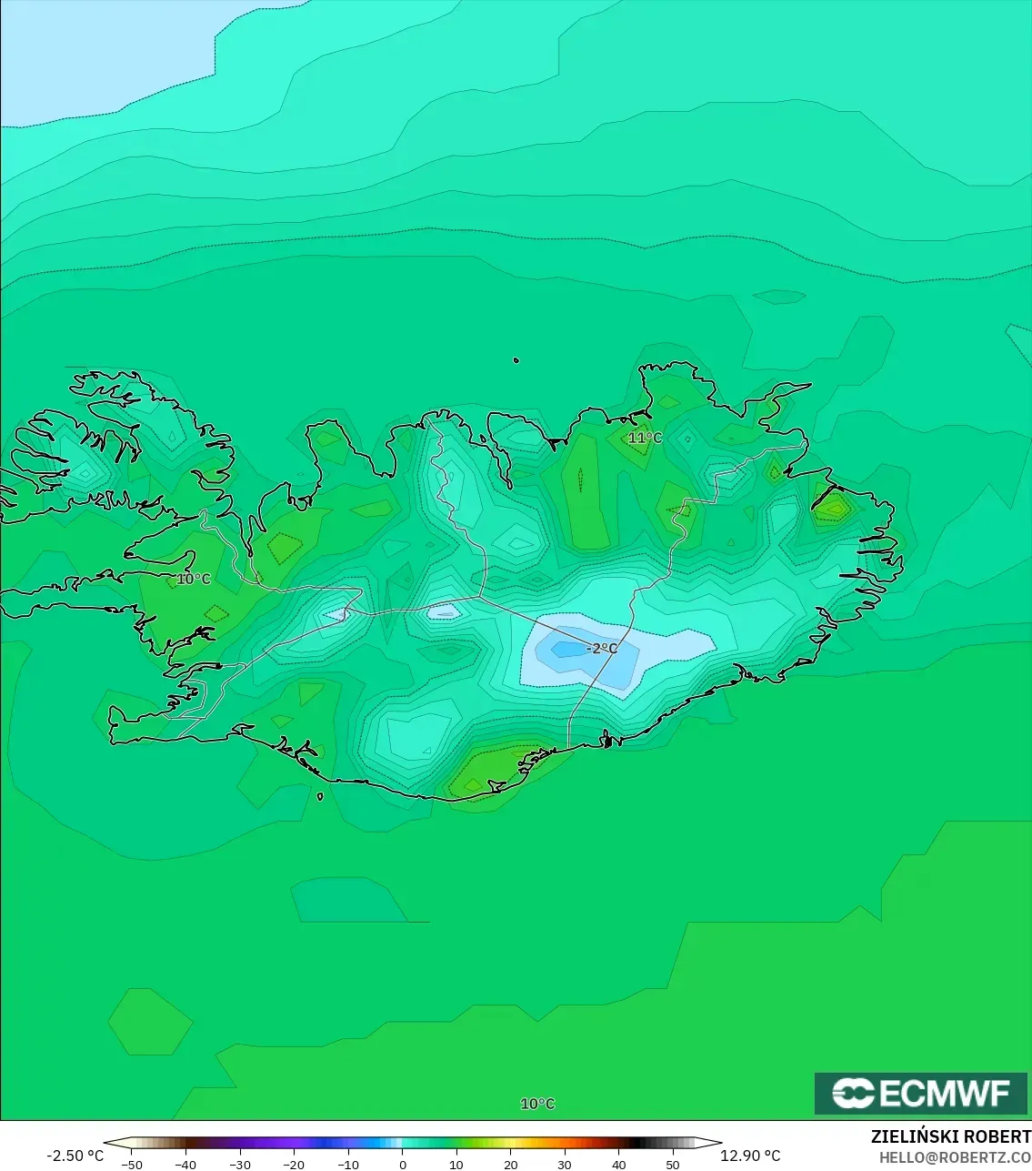 ECMWF IFS 0.25° model - Iceland, Temperature at 2m