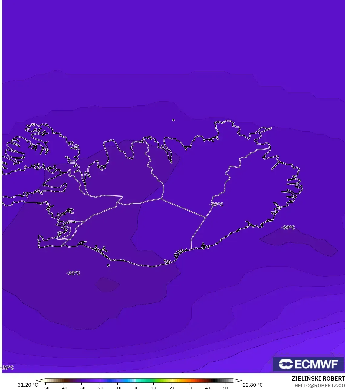 ECMWF IFS 0.25° model - Iceland, Temperature at 500hPa