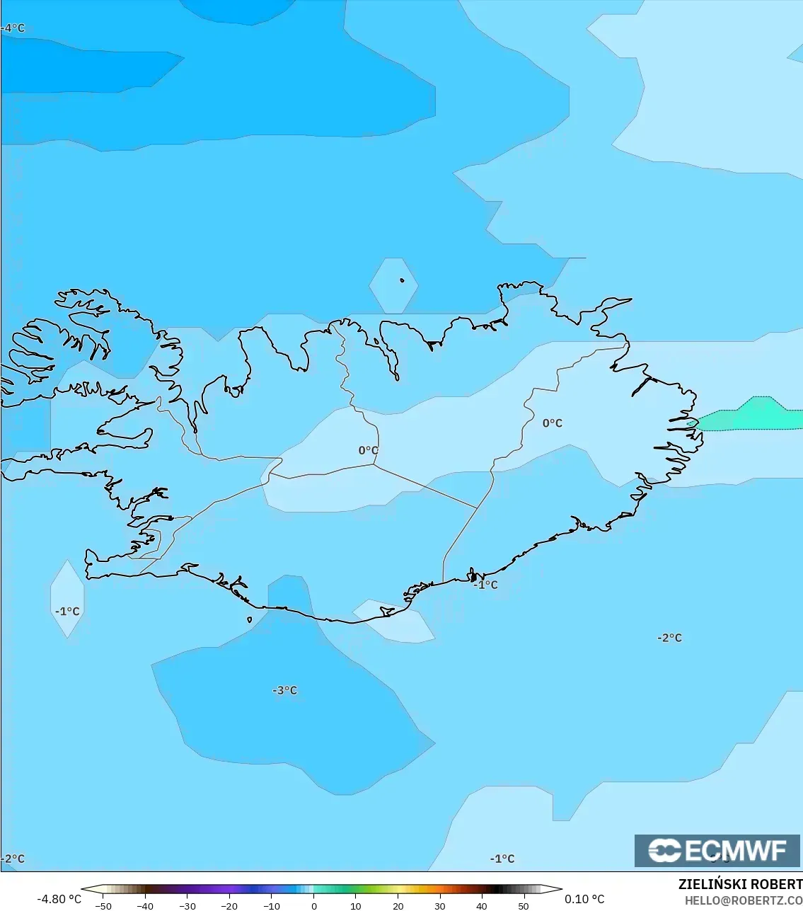 ECMWF IFS 0.25° model - Iceland, Temperature at 850hPa
