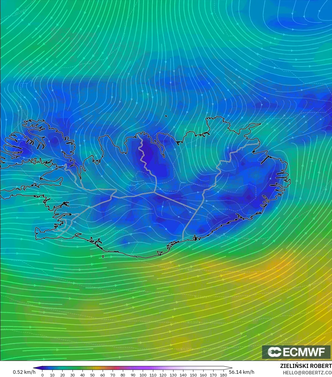 ECMWF IFS 0.25° model - Iceland, Wind at 10m