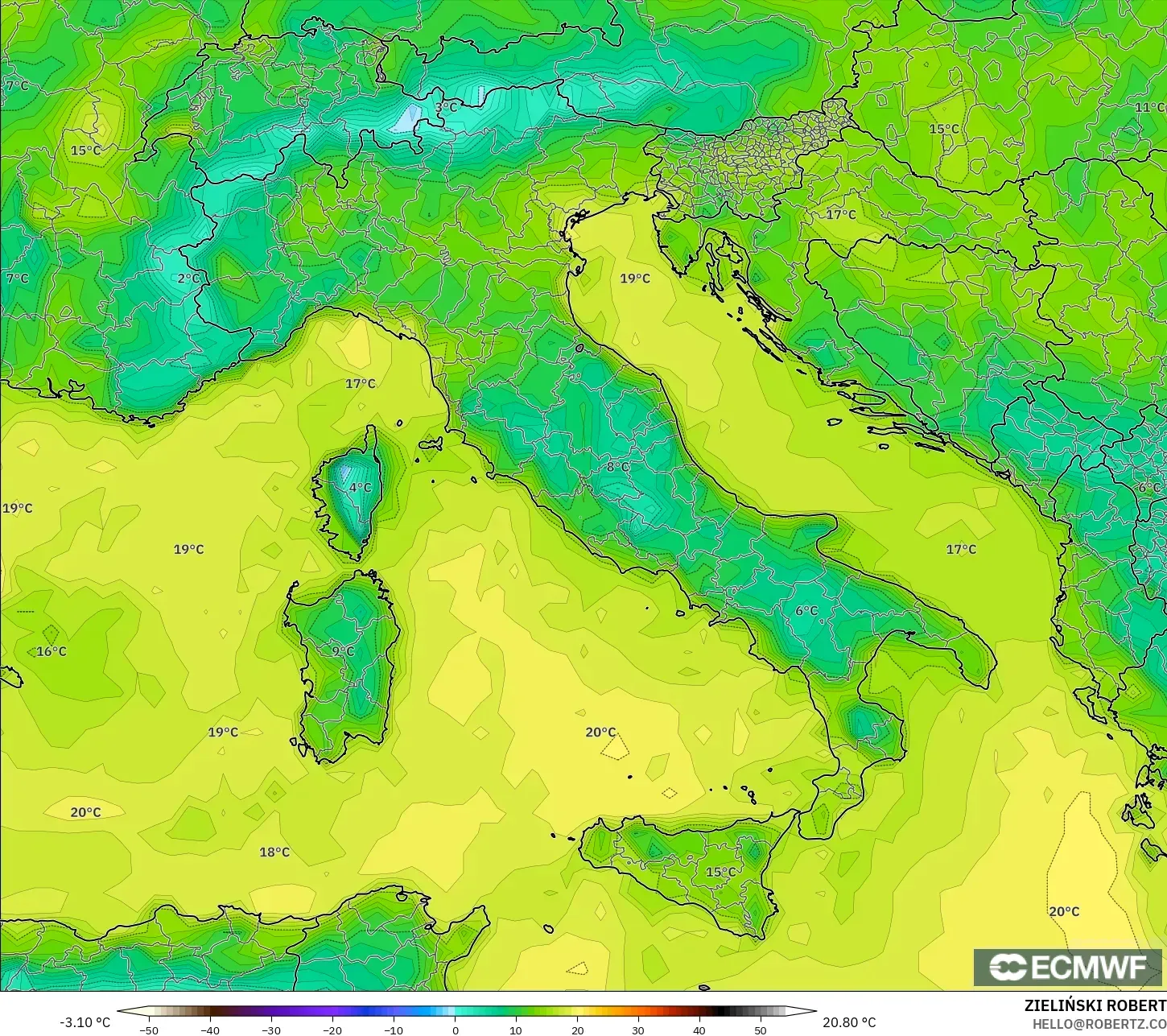 ECMWF IFS 0.25° model - Italy, Dewpoint at 2m
