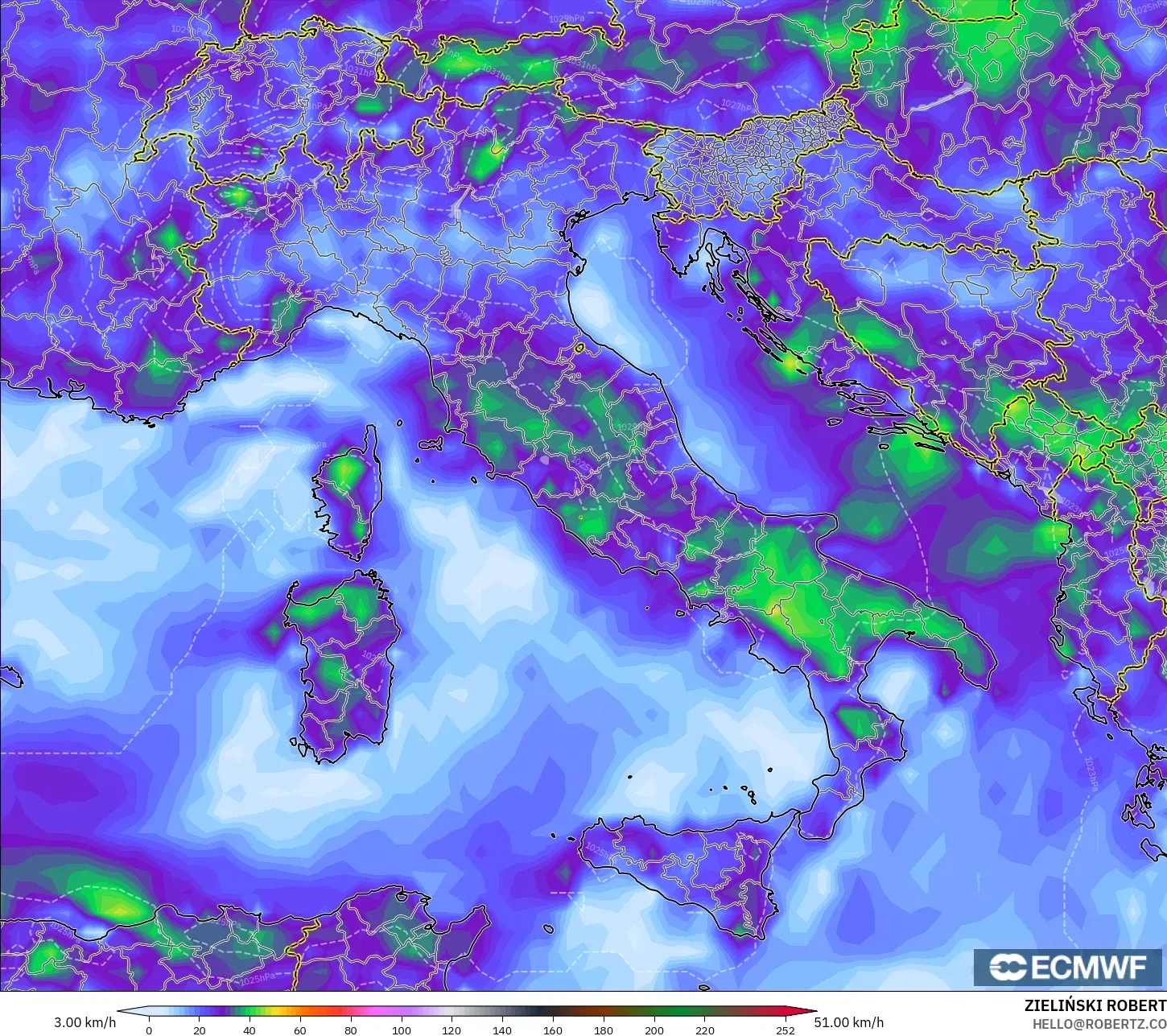 ECMWF IFS 0.25° model - Italy, Wind Gusts