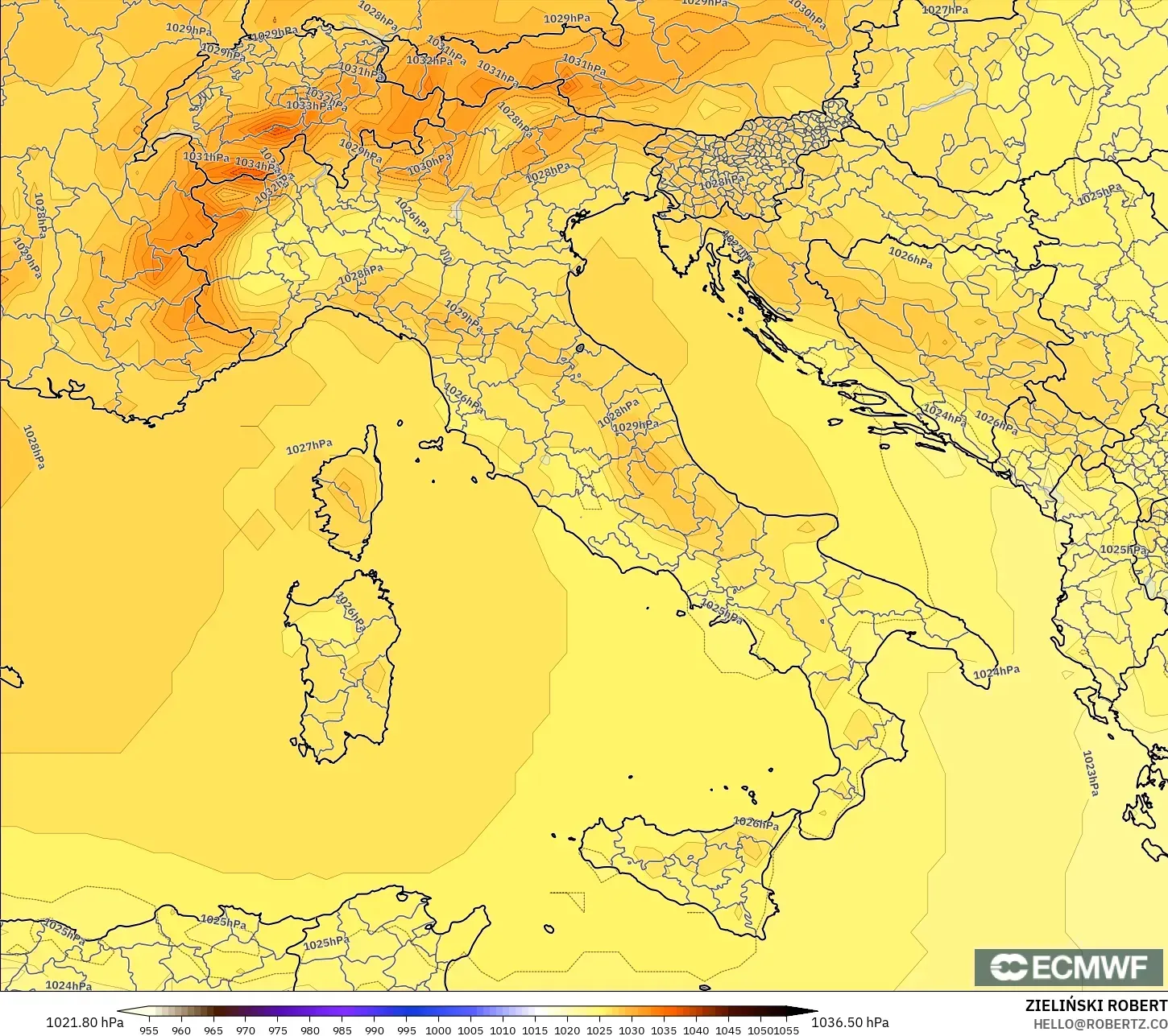 ECMWF IFS 0.25° model - Italy, Pressure