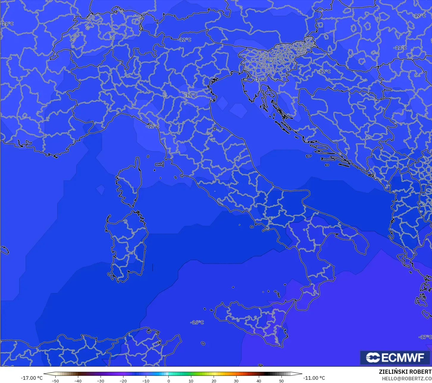 ECMWF IFS 0.25° model - Italy, Temperature at 500hPa