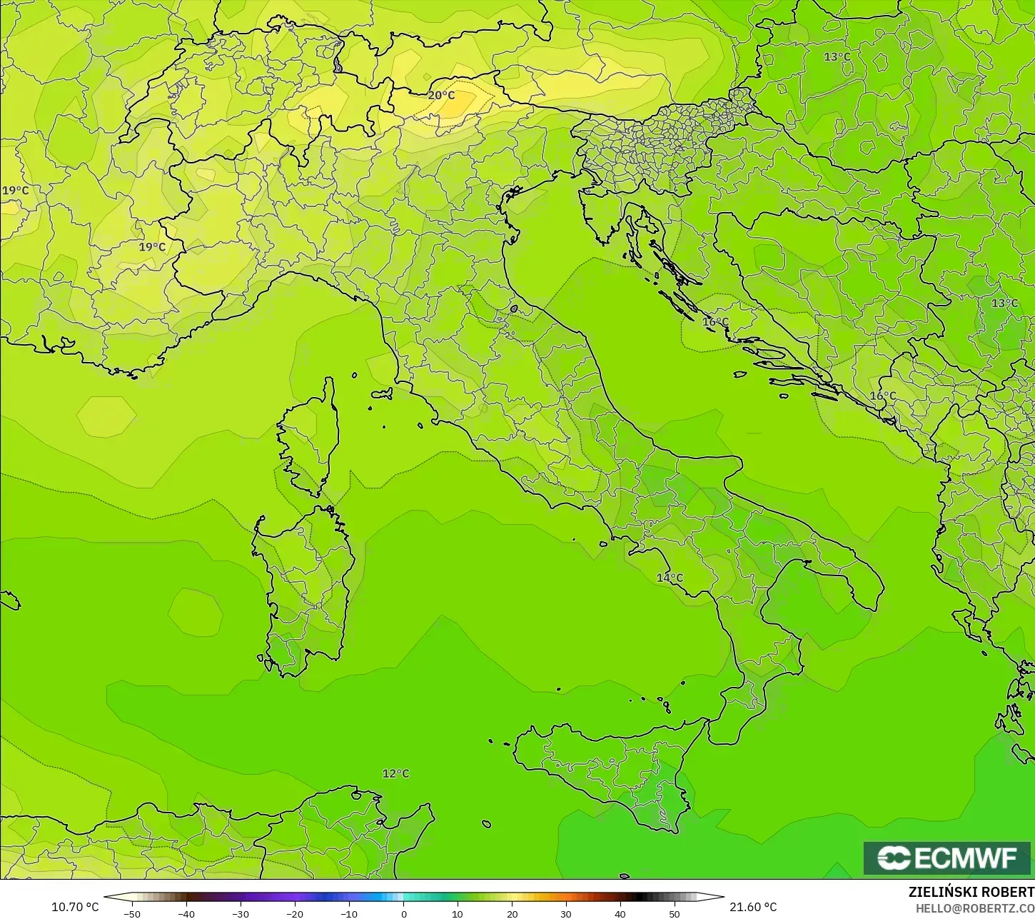 ECMWF IFS 0.25° model - Italy, Temperature at 850hPa