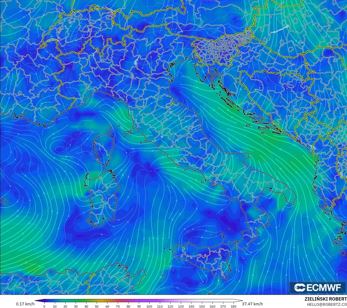 ECMWF IFS 0.25° model - Italy, Wind at 10m