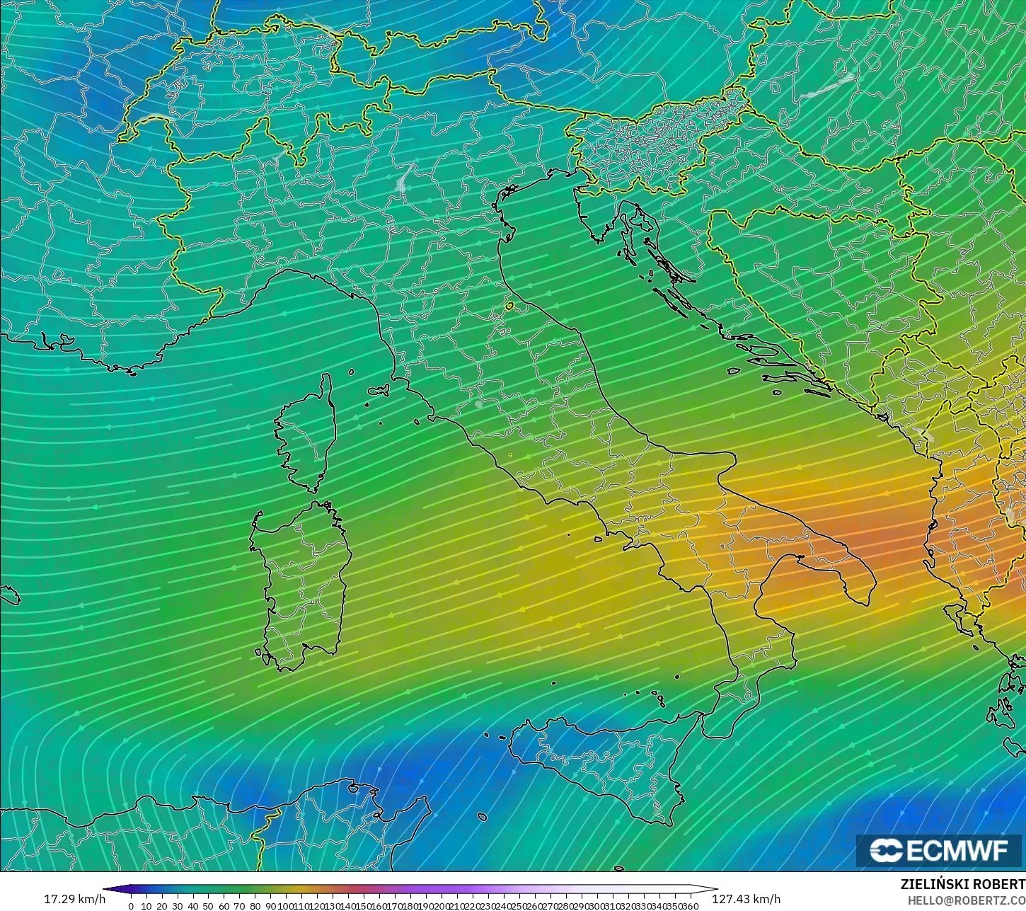 ECMWF IFS 0.25° model - Italy, Wind at 300hPa (jet stream)