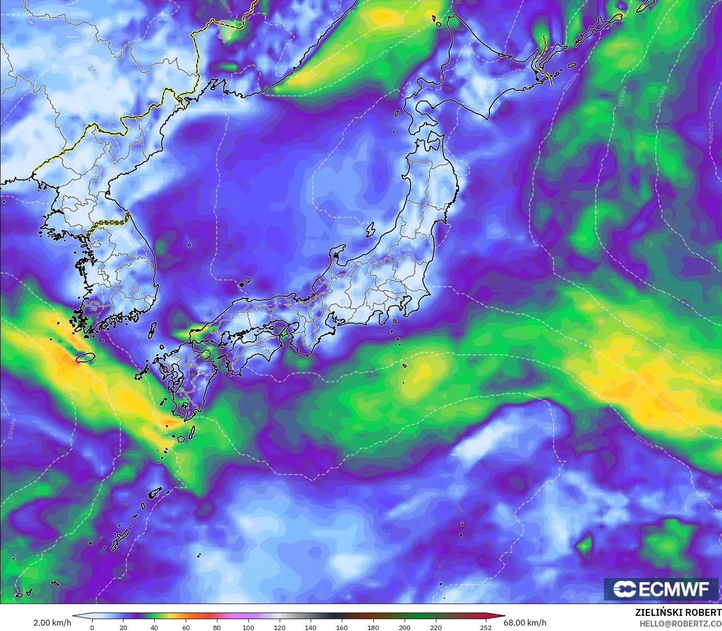 ECMWF IFS 0.25° model - Japan, Wind Gusts Peak