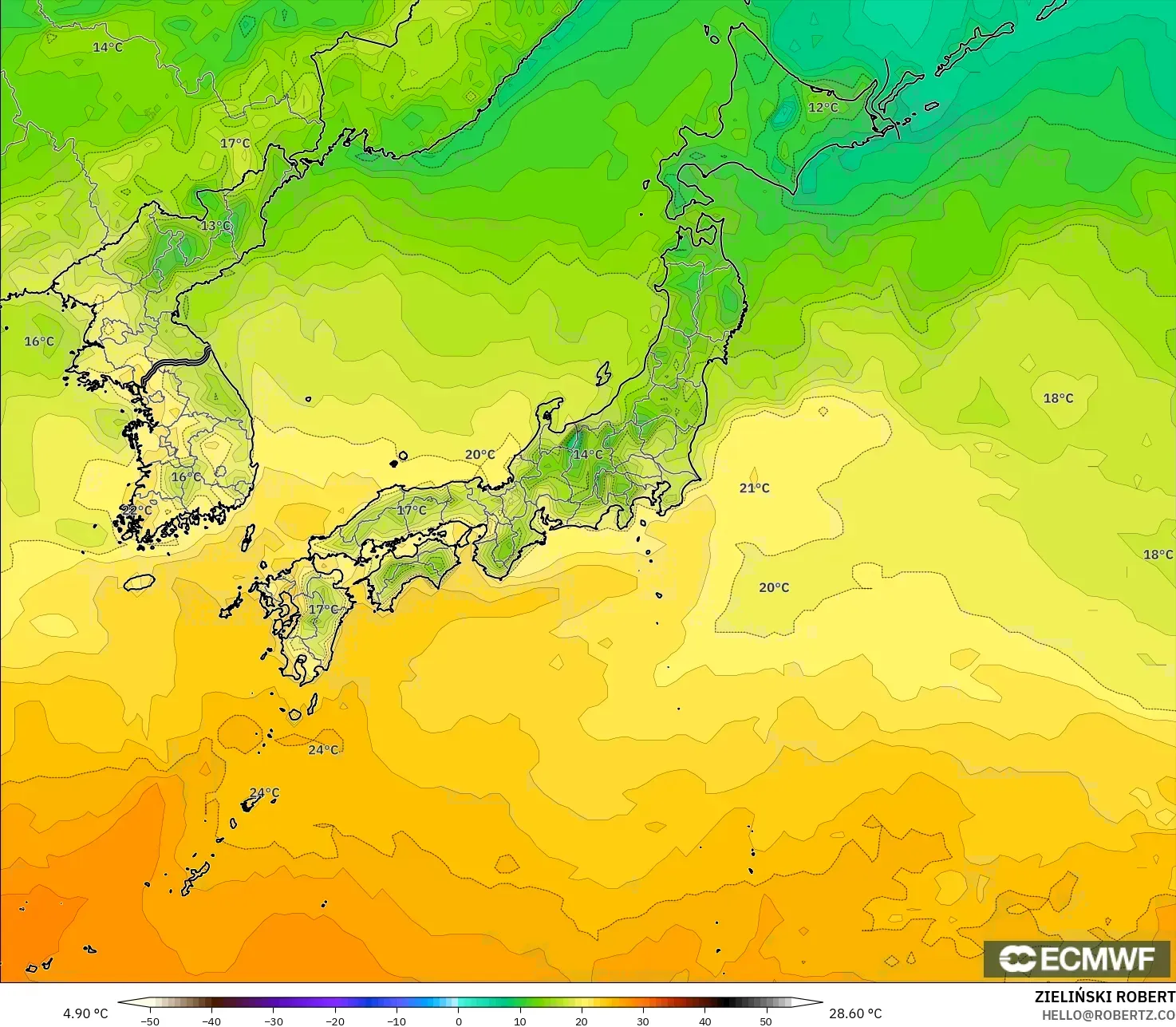 ECMWF IFS 0.25° model - Japan, Temperature at 2m