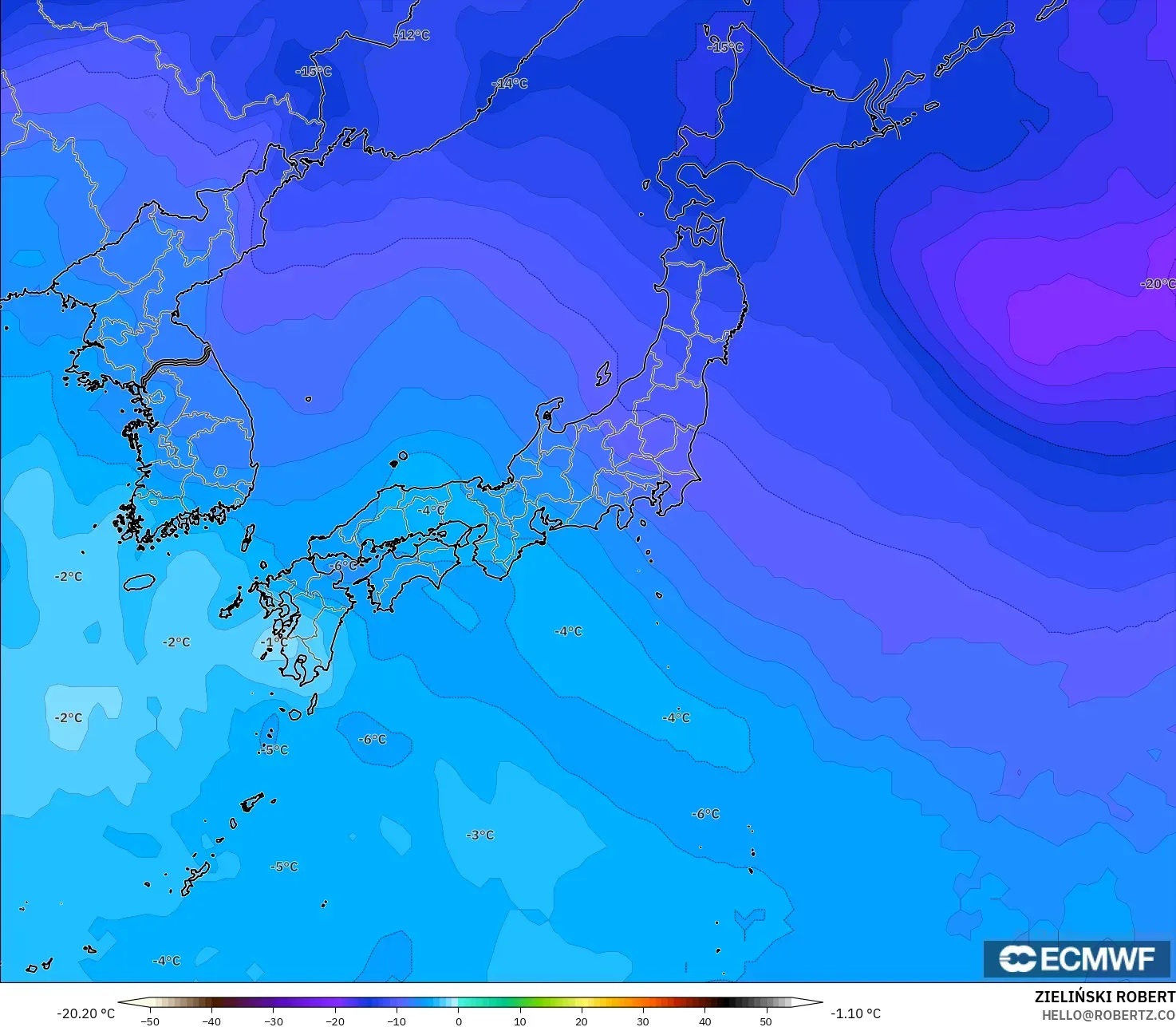 ECMWF IFS 0.25° model - Japan, Temperature at 500hPa