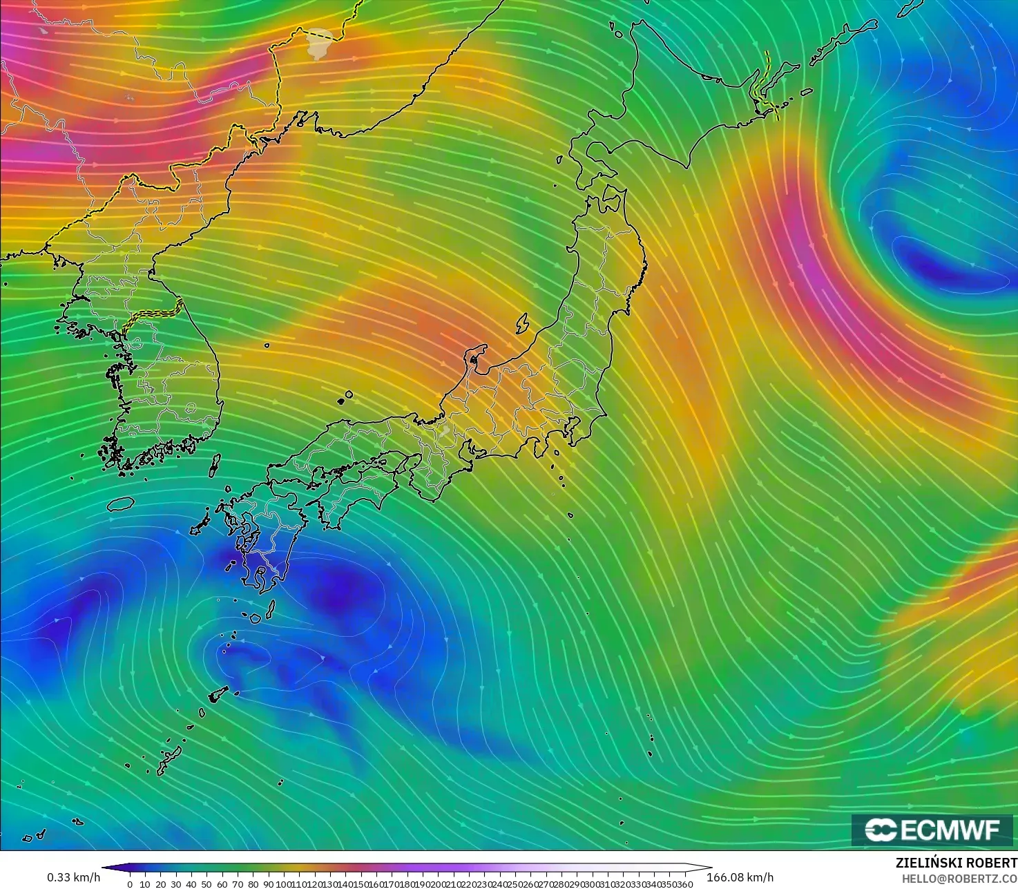 ECMWF IFS 0.25° model - Japan, Wind at 300hPa (jet stream)