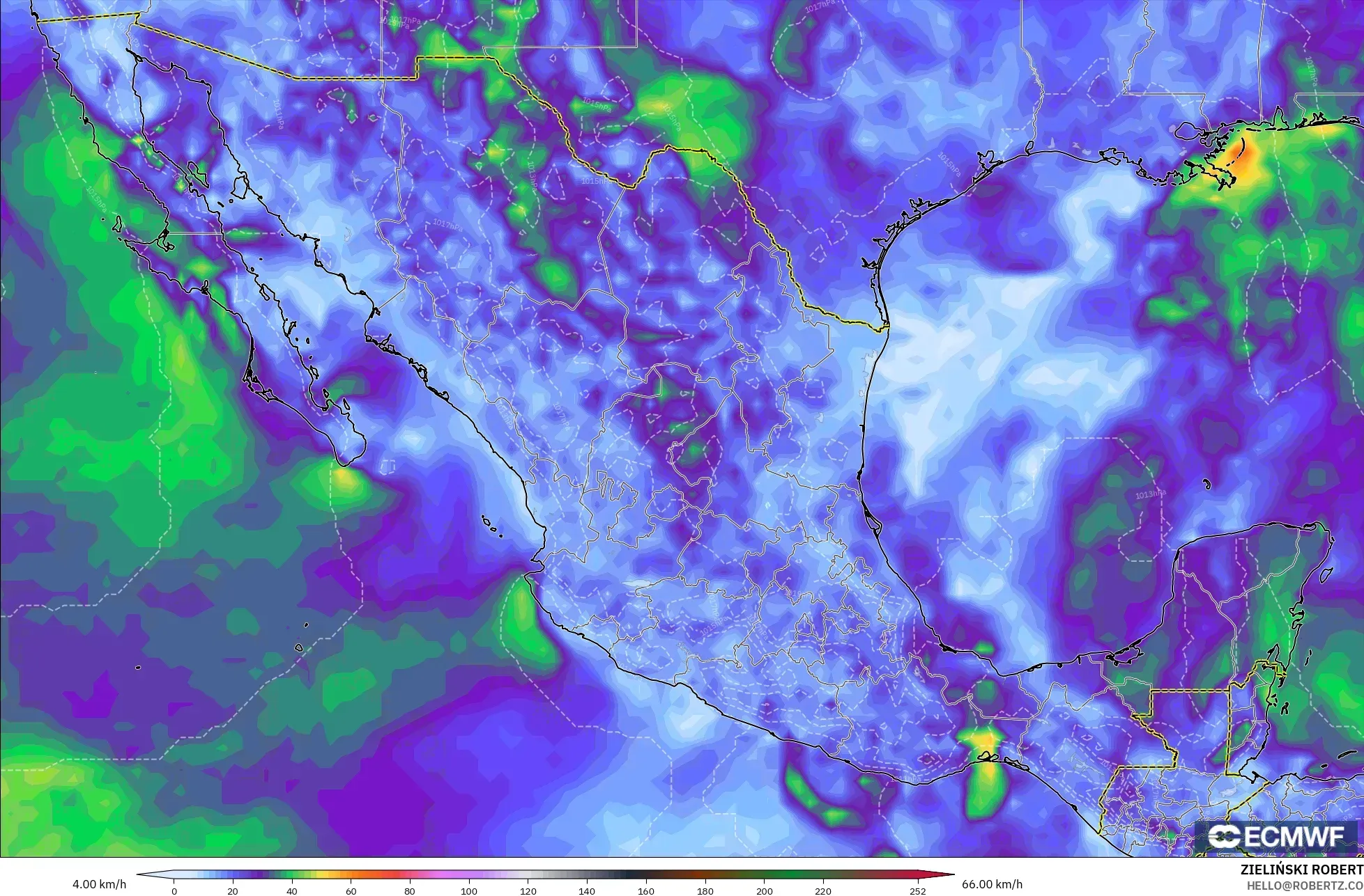ECMWF IFS 0.25° model - Mexico, Wind Gusts Peak