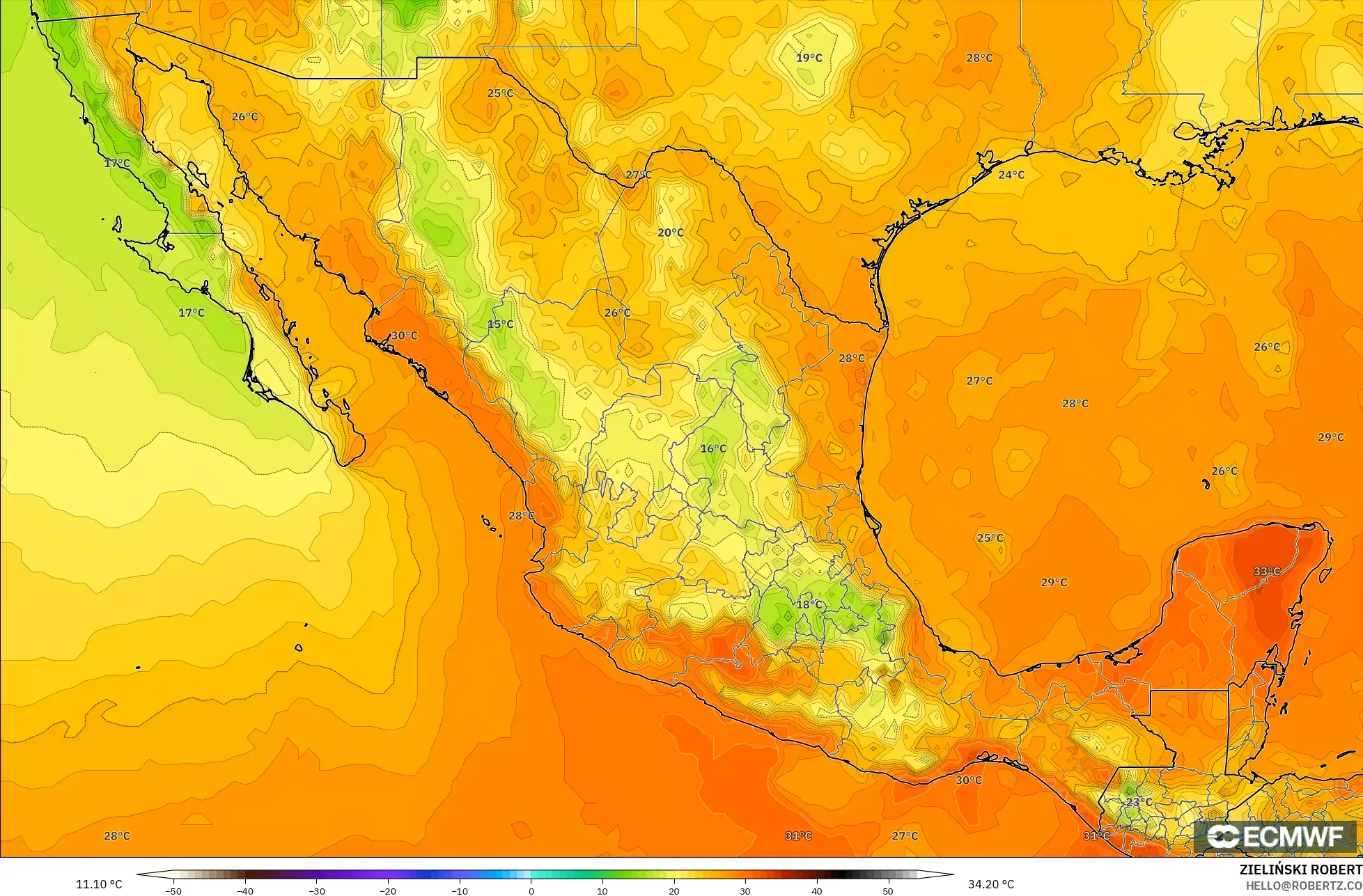 ECMWF IFS 0.25° model - Mexico, Temperature at 2m