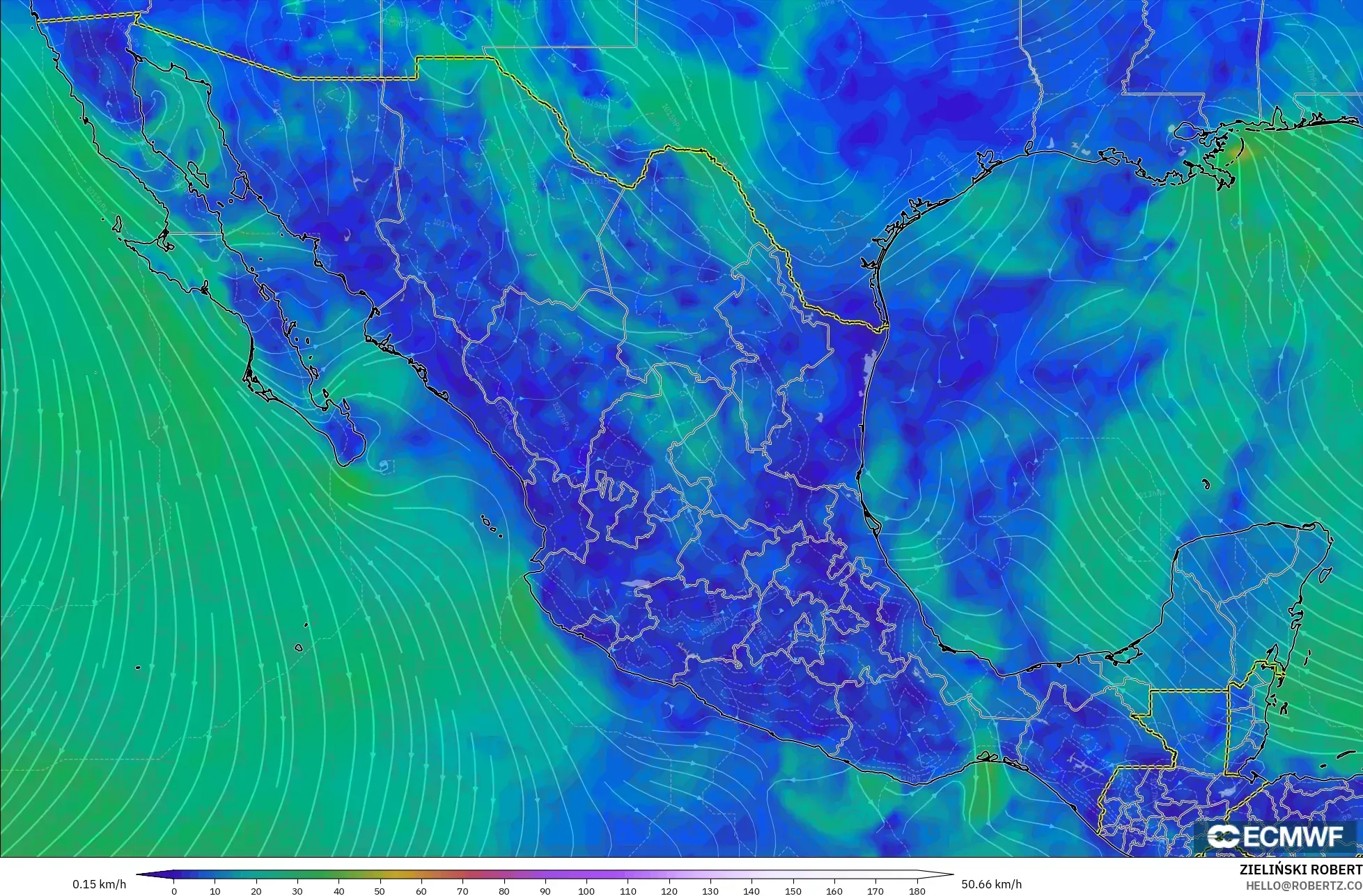 ECMWF IFS 0.25° model - Mexico, Wind at 10m