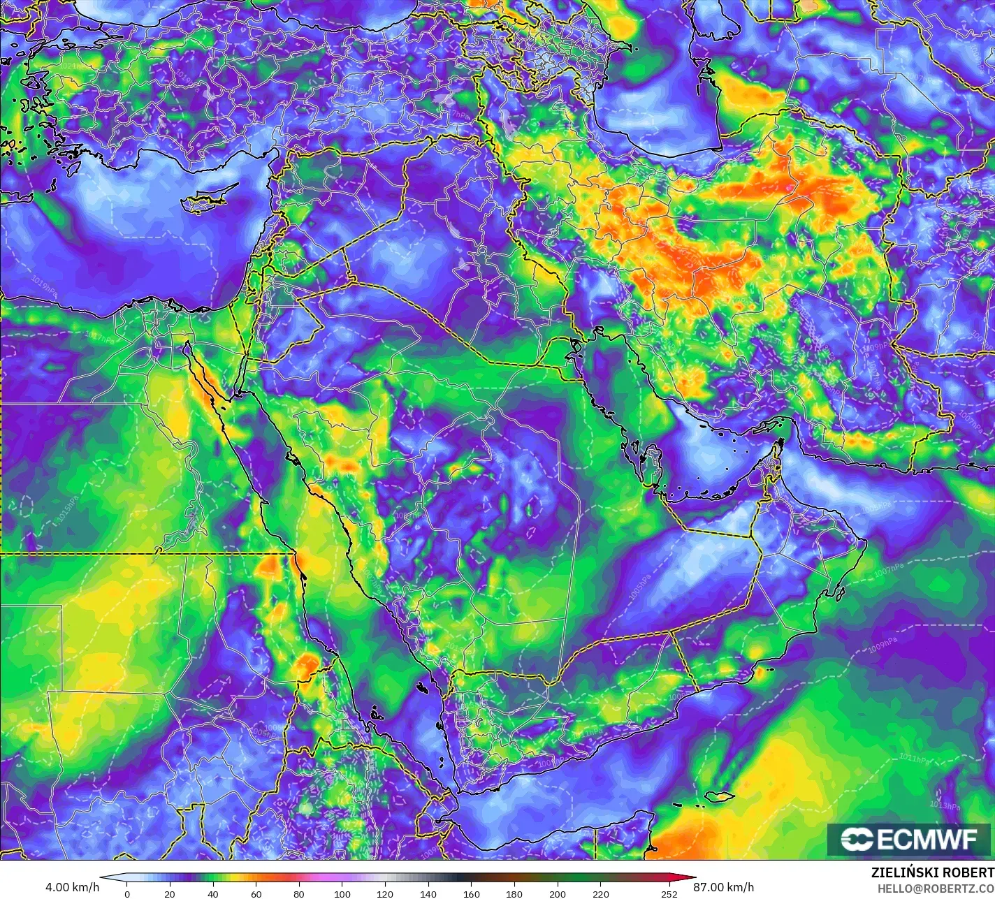 ECMWF IFS 0.25° model - Middle East, Wind Gusts Peak