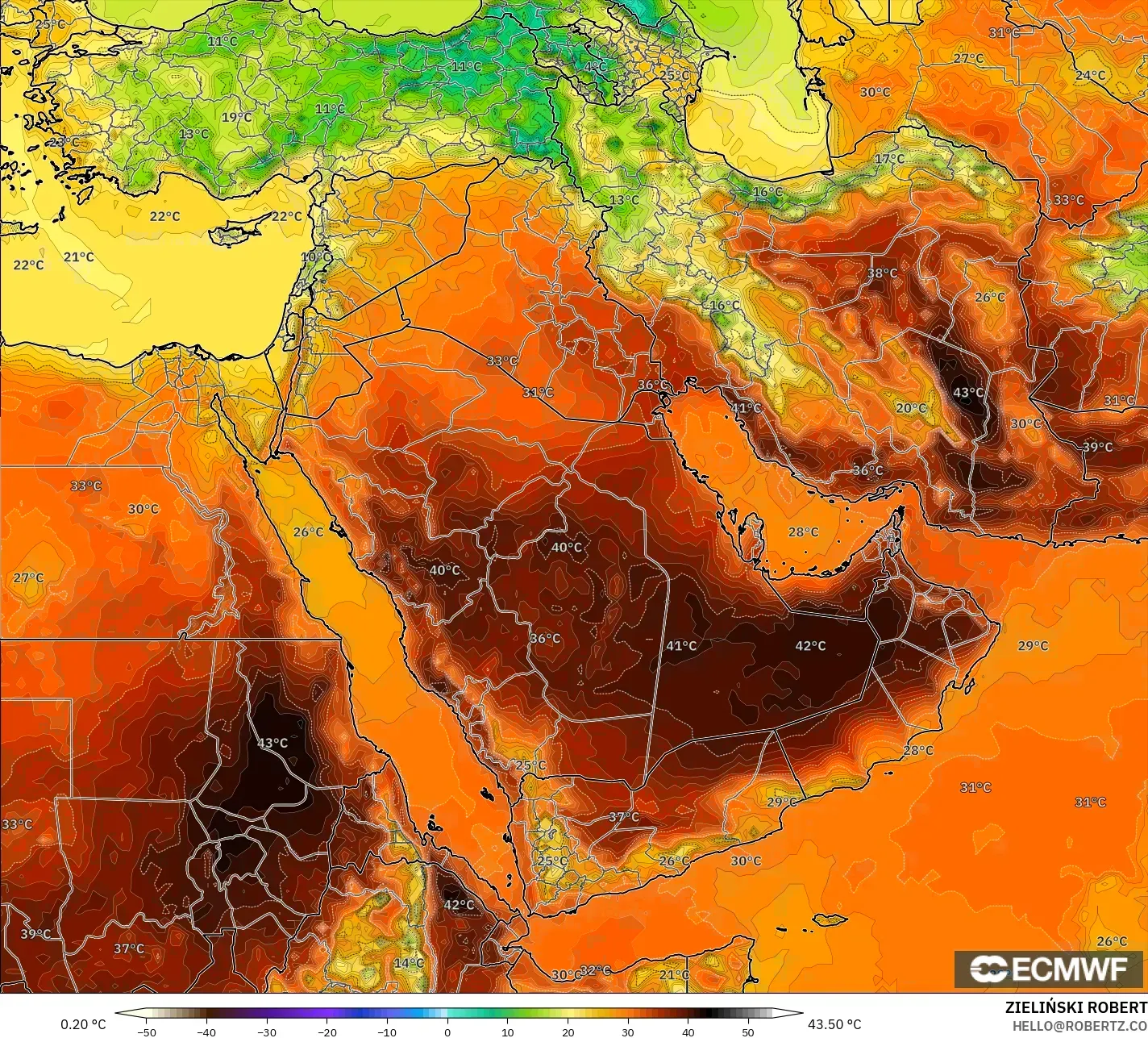 ECMWF IFS 0.25° model - Middle East, Temperature at 2m