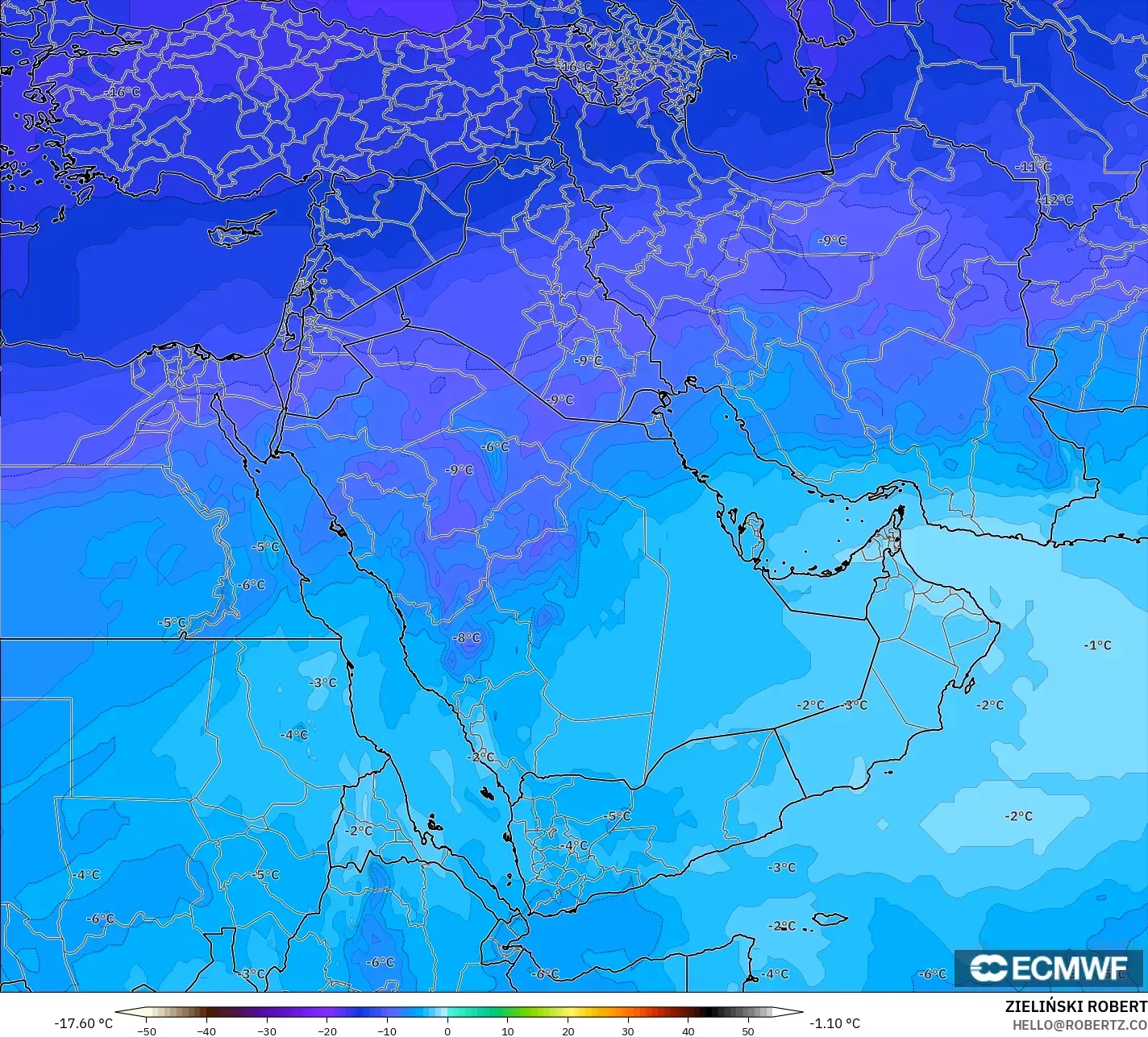 ECMWF IFS 0.25° model - Middle East, Temperature at 500hPa