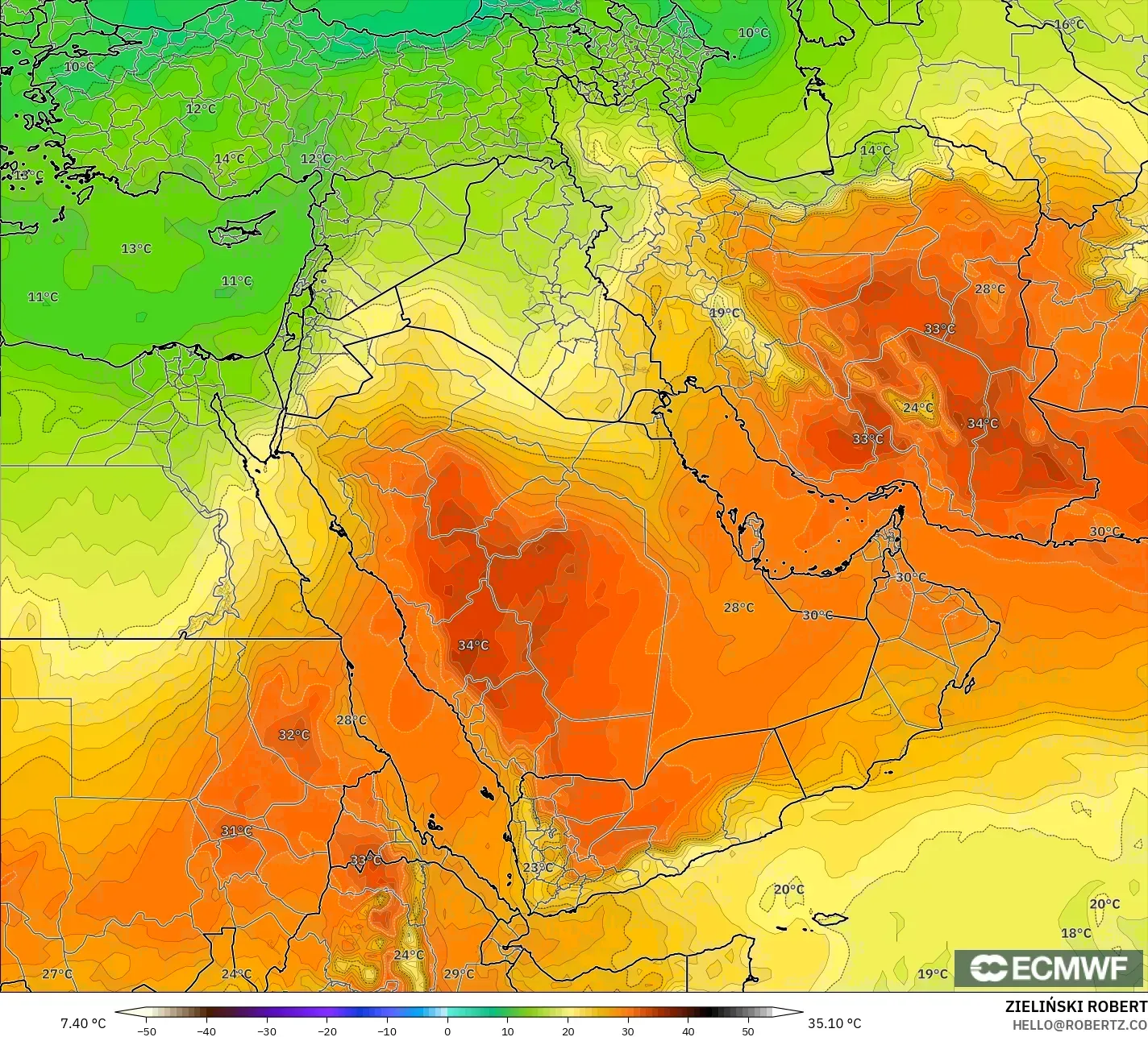 ECMWF IFS 0.25° model - Middle East, Temperature at 850hPa