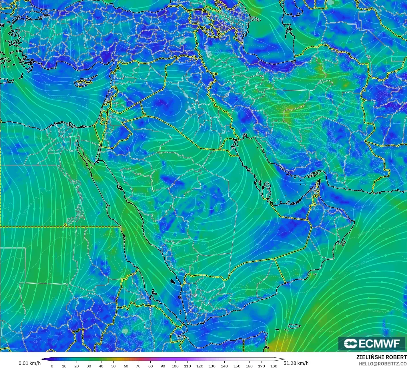 ECMWF IFS 0.25° model - Middle East, Wind at 10m