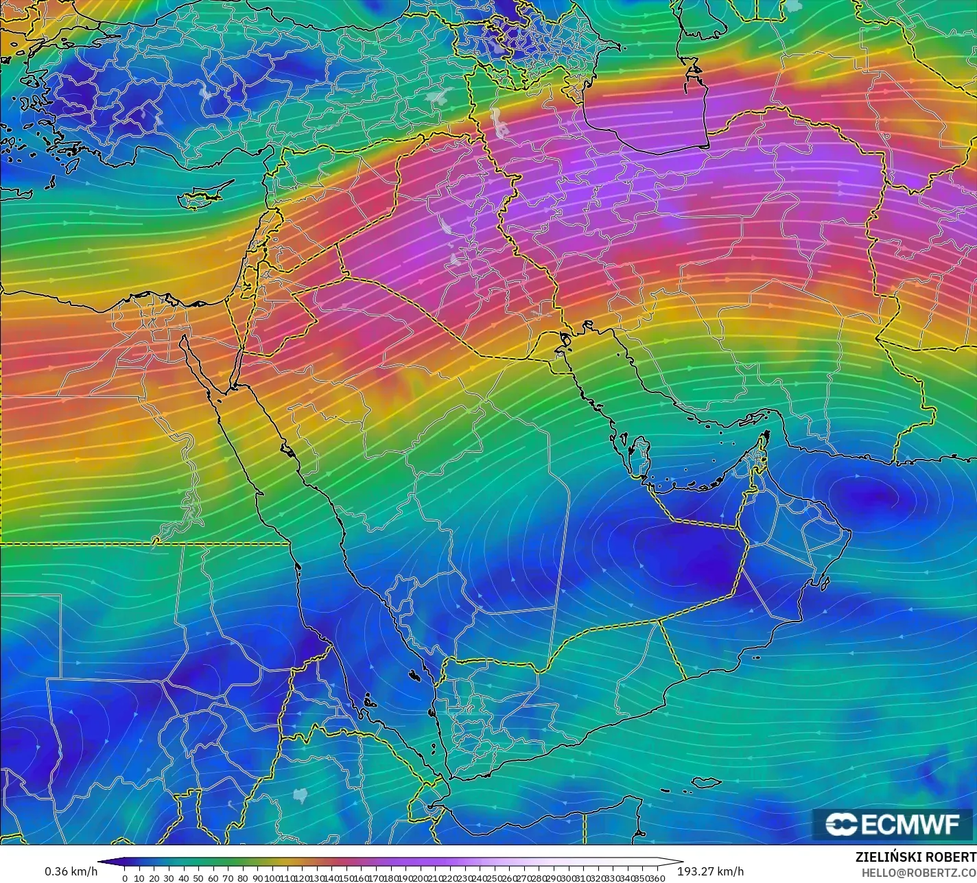 ECMWF IFS 0.25° model - Middle East, Wind at 300hPa (jet stream)