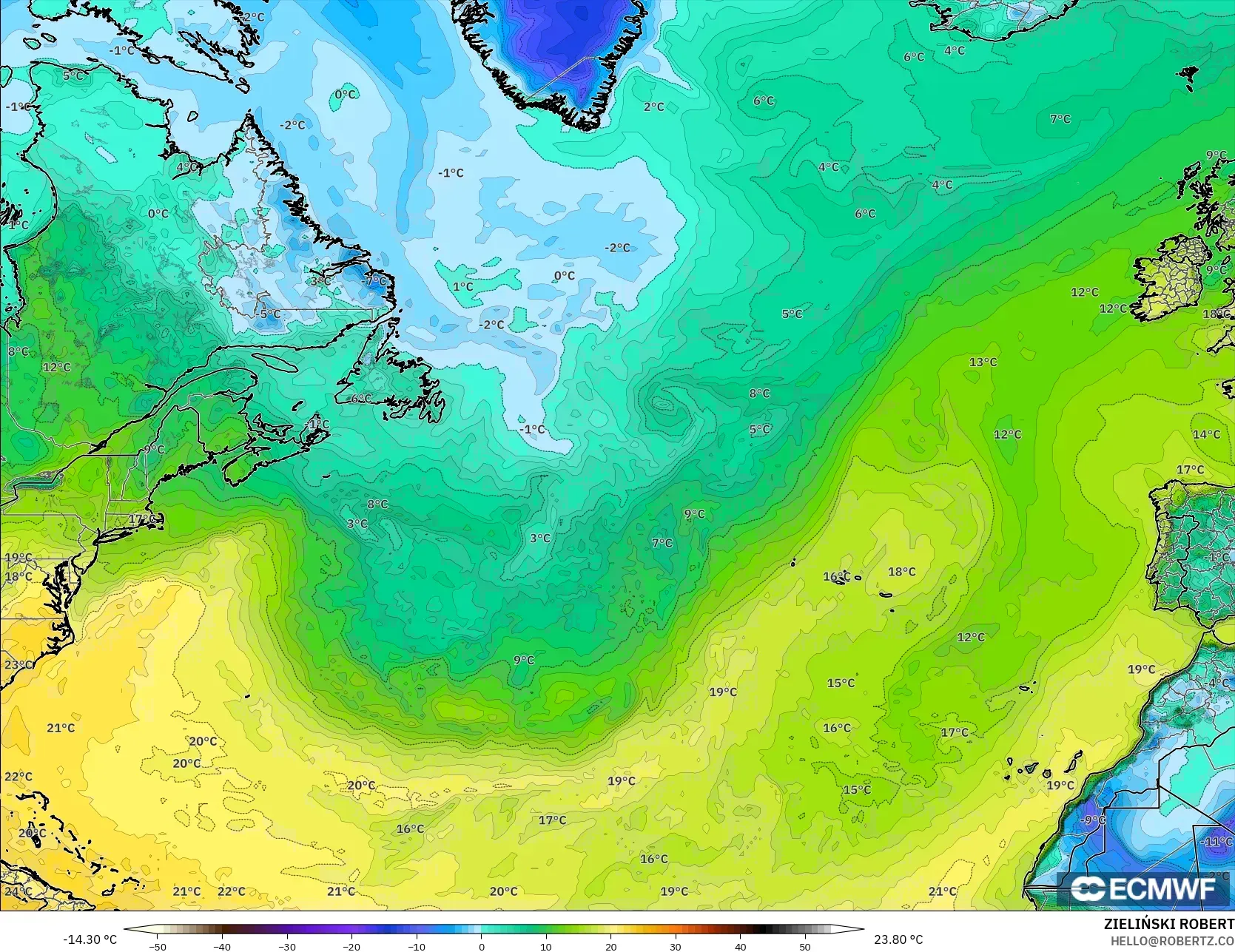ECMWF IFS 0.25° model - North Atlantic, Dewpoint at 2m