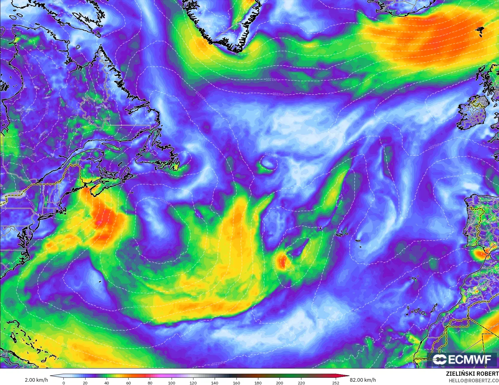 ECMWF IFS 0.25° model - North Atlantic, Wind Gusts
