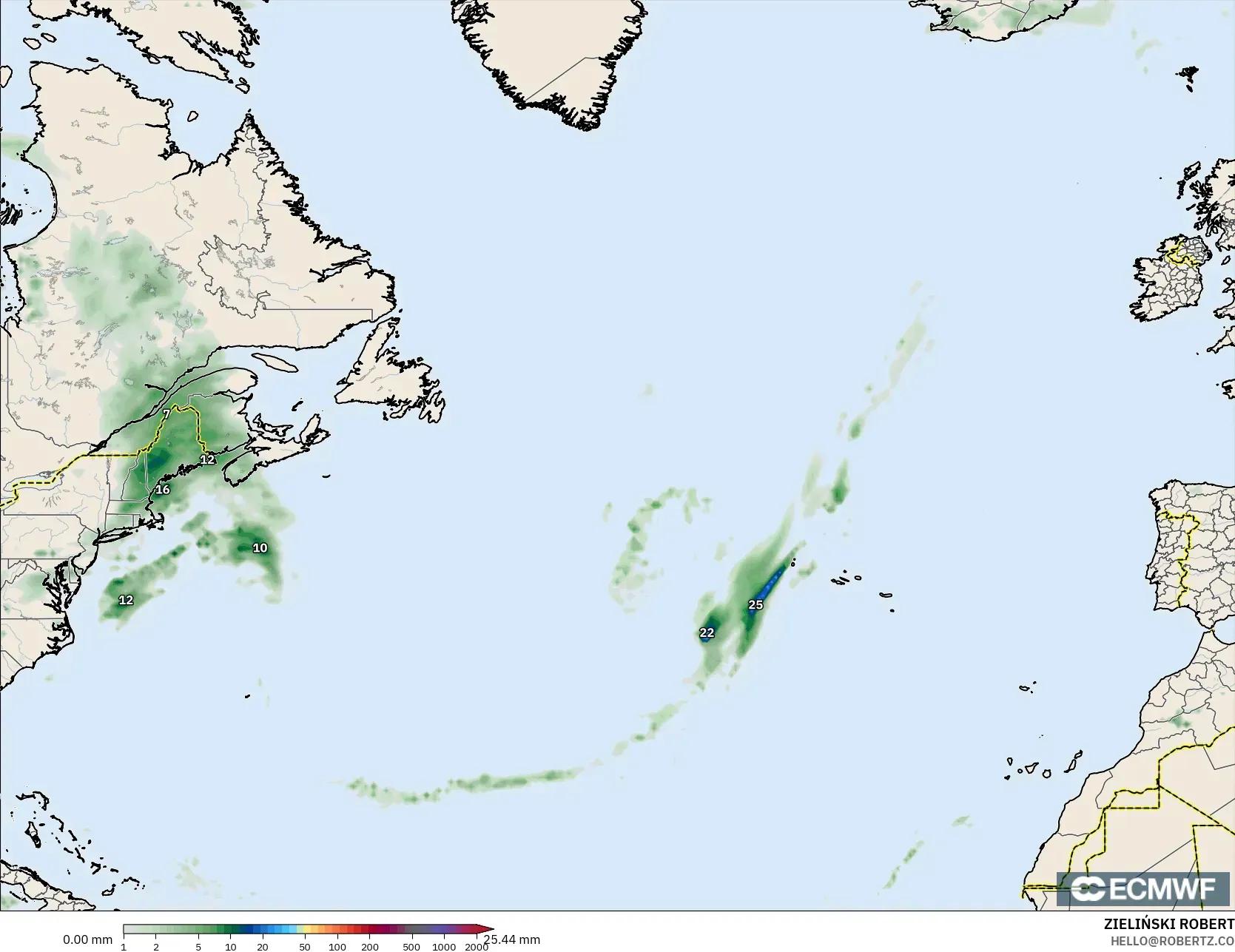 ECMWF IFS 0.25° model - North Atlantic, Precipitation Accumulation
