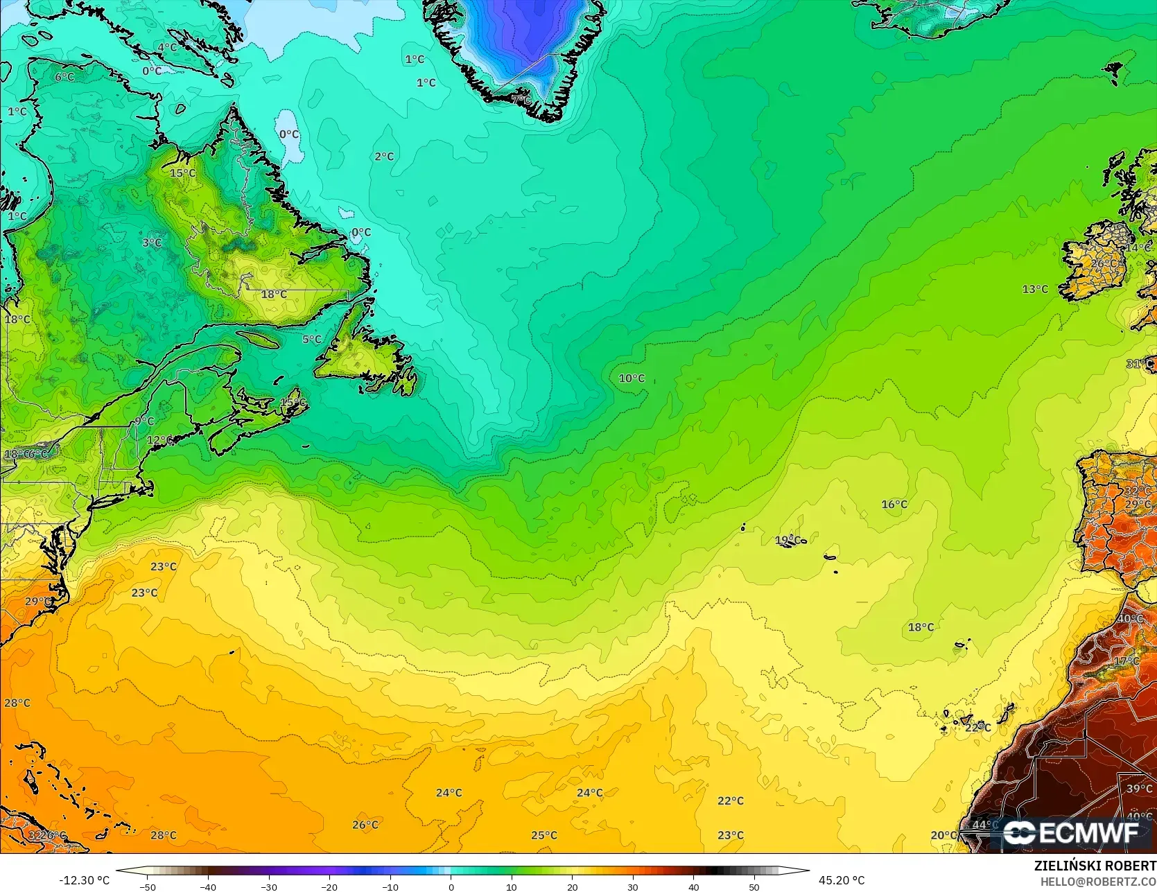 ECMWF IFS 0.25° model - North Atlantic, Temperature at 2m