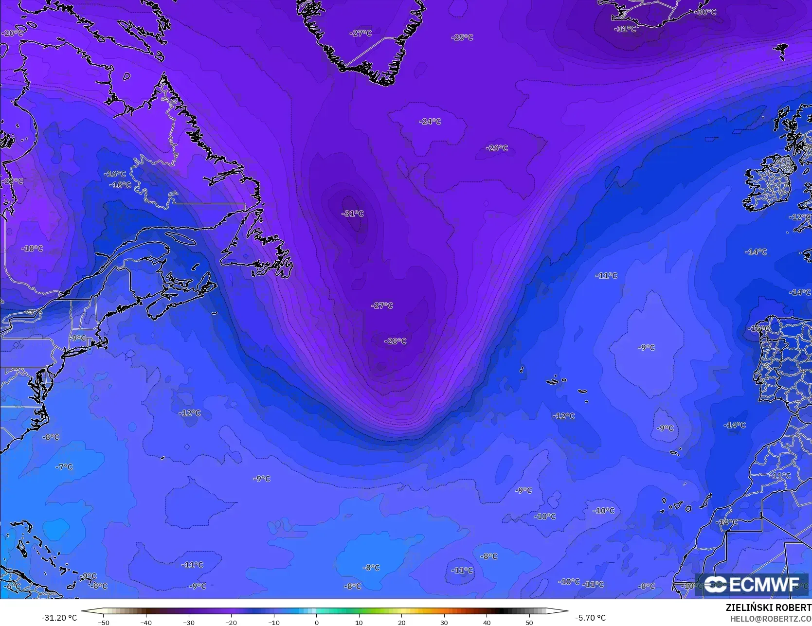 ECMWF IFS 0.25° model - North Atlantic, Temperature at 500hPa