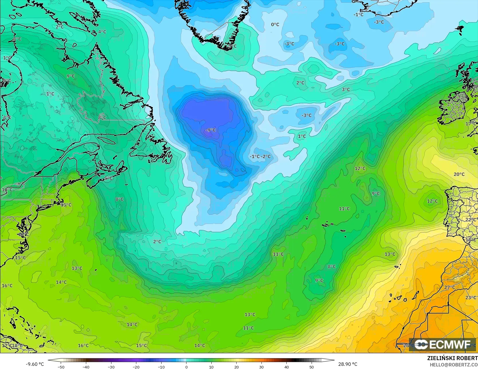 ECMWF IFS 0.25° model - North Atlantic, Temperature at 850hPa