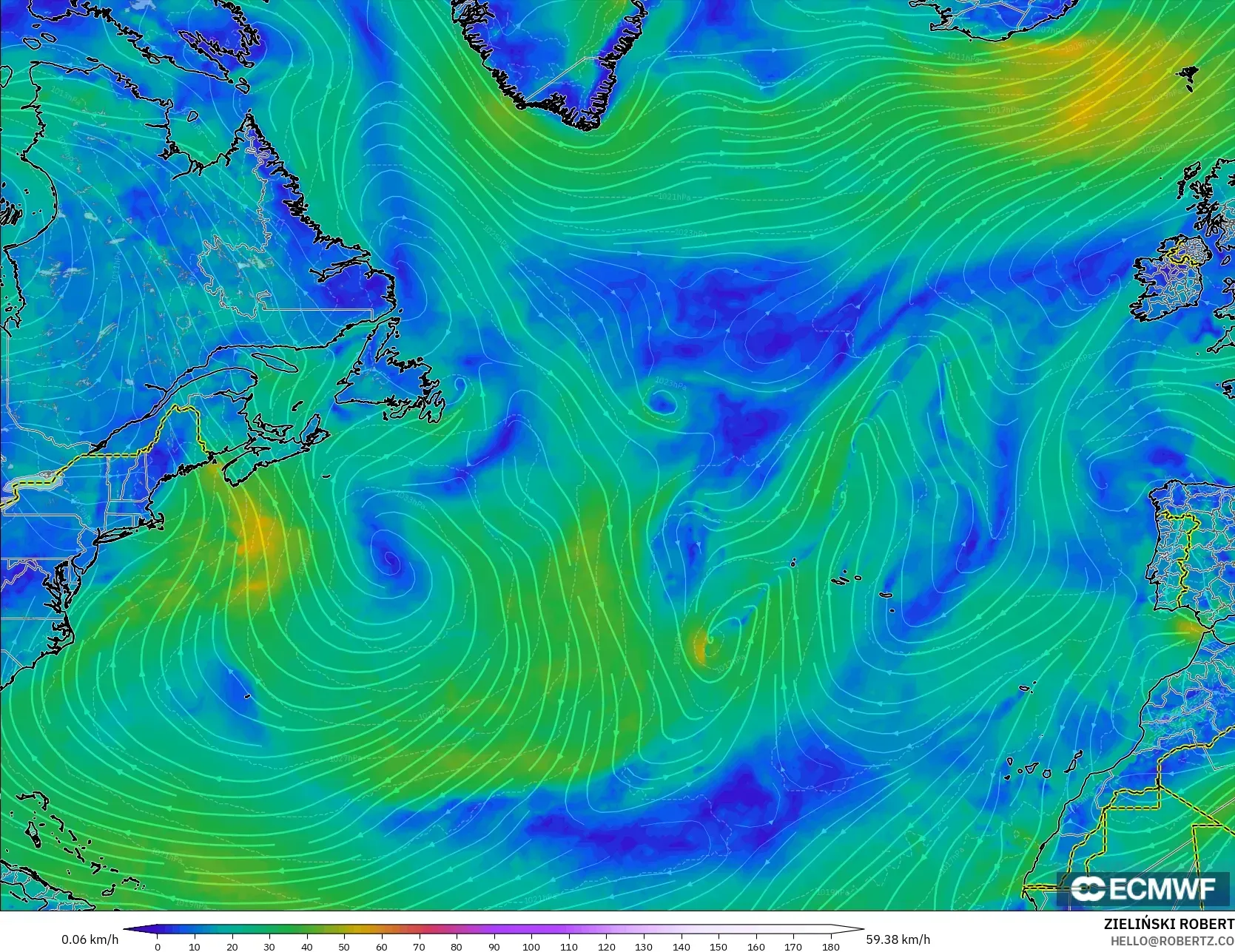 ECMWF IFS 0.25° model - North Atlantic, Wind at 10m