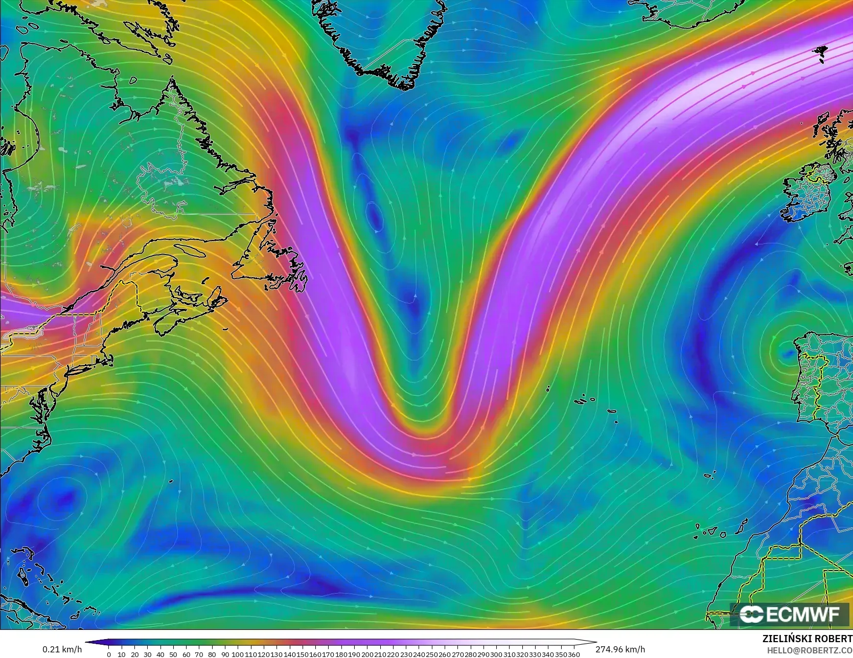 ECMWF IFS 0.25° model - North Atlantic, Wind at 300hPa (jet stream)