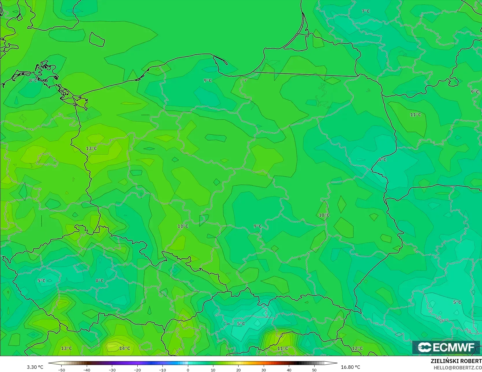 ECMWF IFS 0.25° model - Poland, Dewpoint at 2m