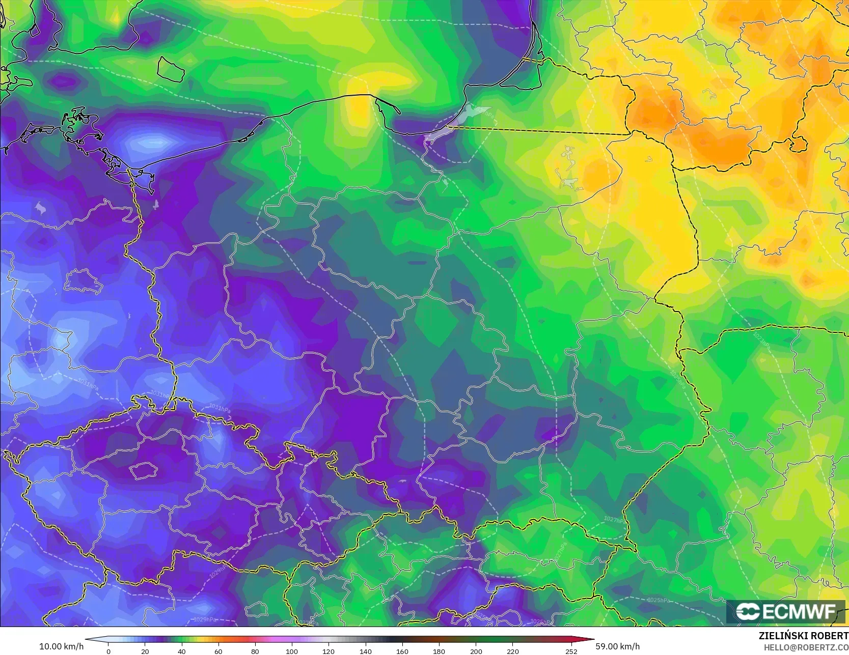 ECMWF IFS 0.25° model - Poland, Wind Gusts Peak