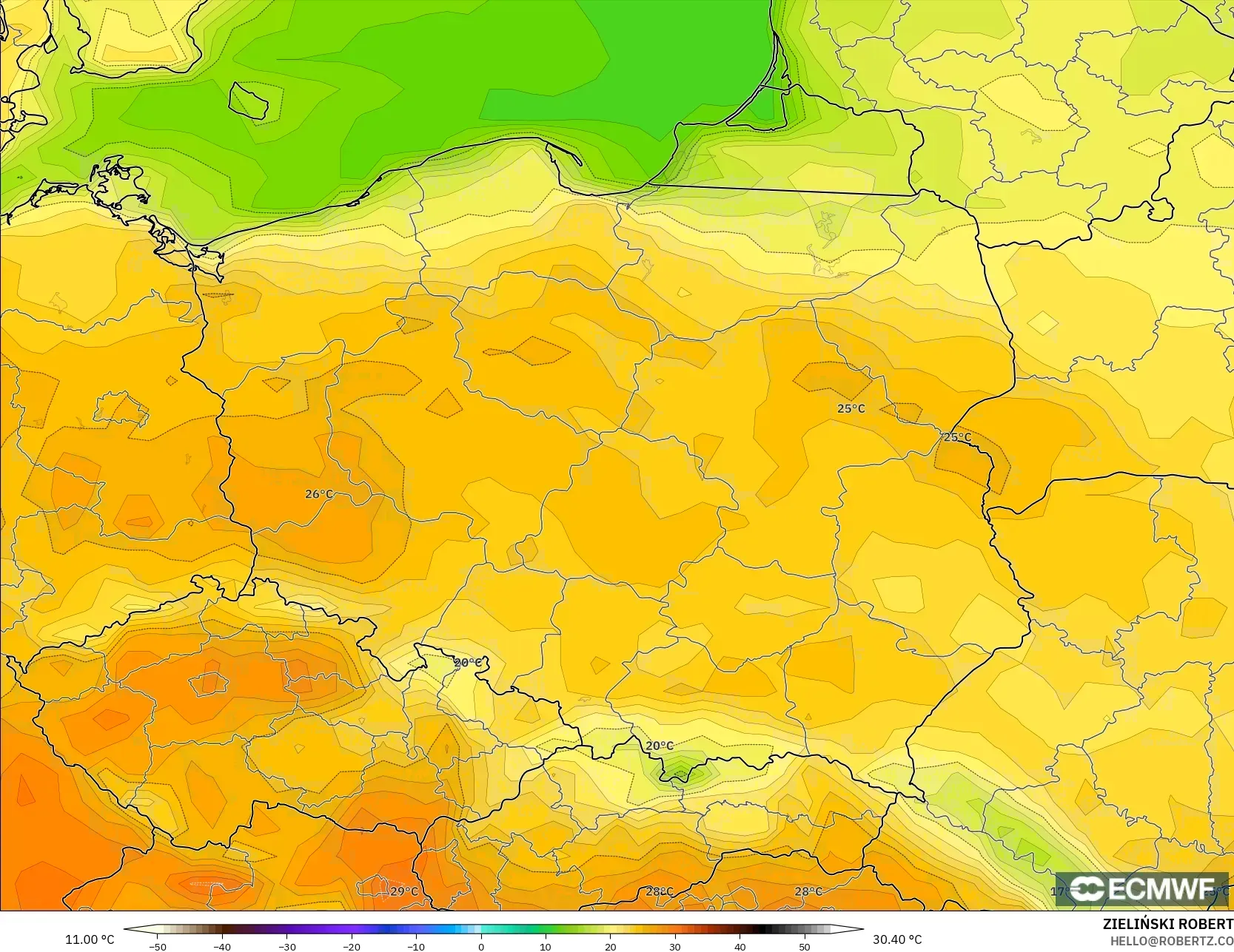 ECMWF IFS 0.25° model - Poland, Temperature at 2m