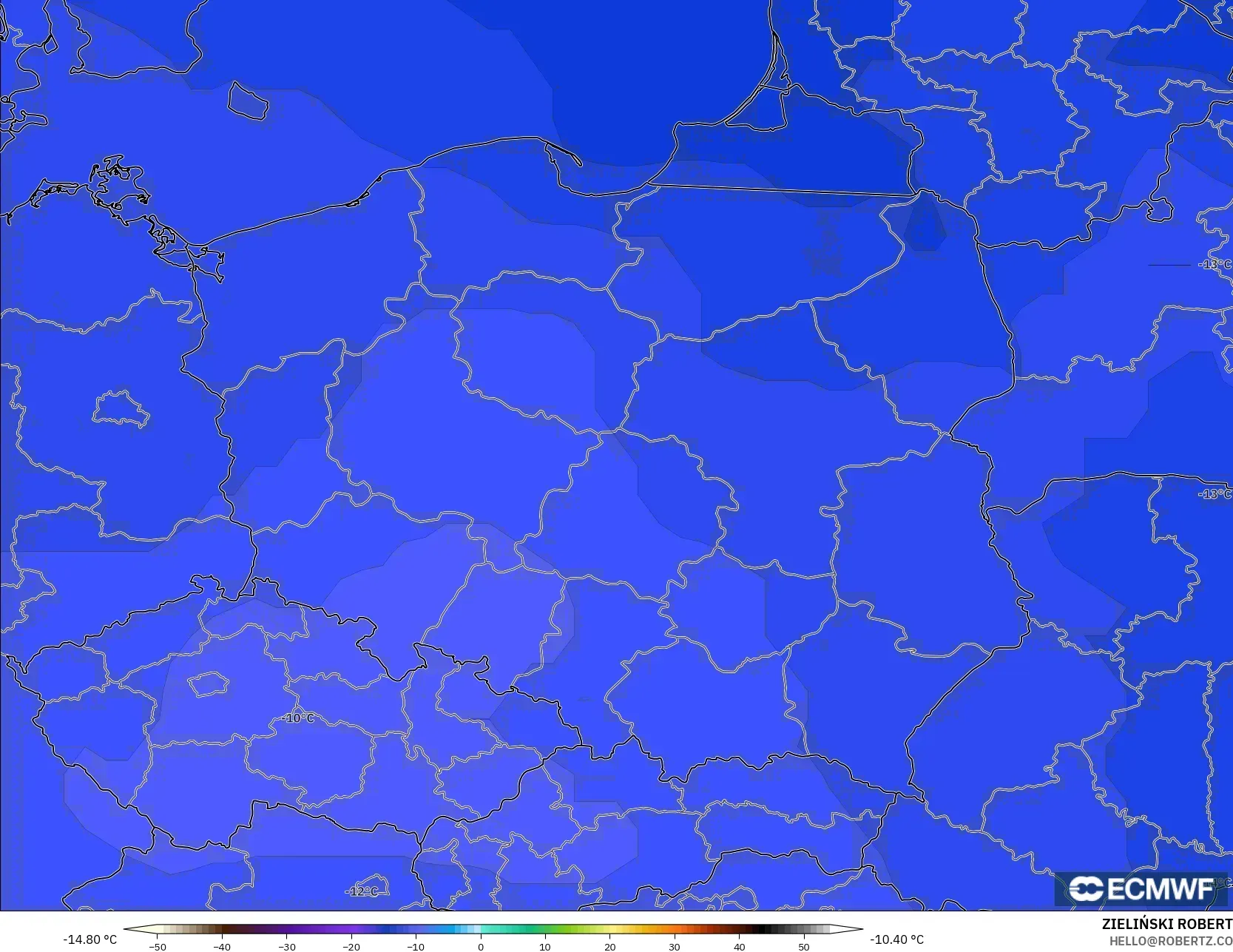 ECMWF IFS 0.25° model - Poland, Temperature at 500hPa