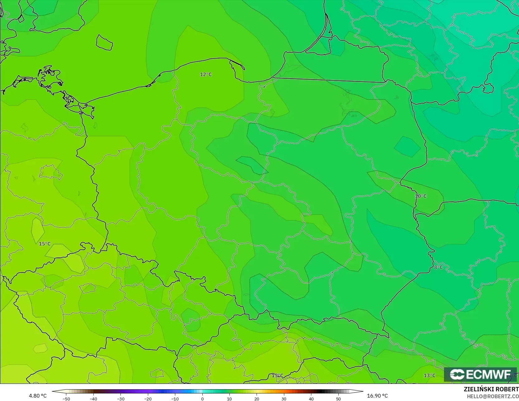 ECMWF IFS 0.25° model - Poland, Temperature at 850hPa