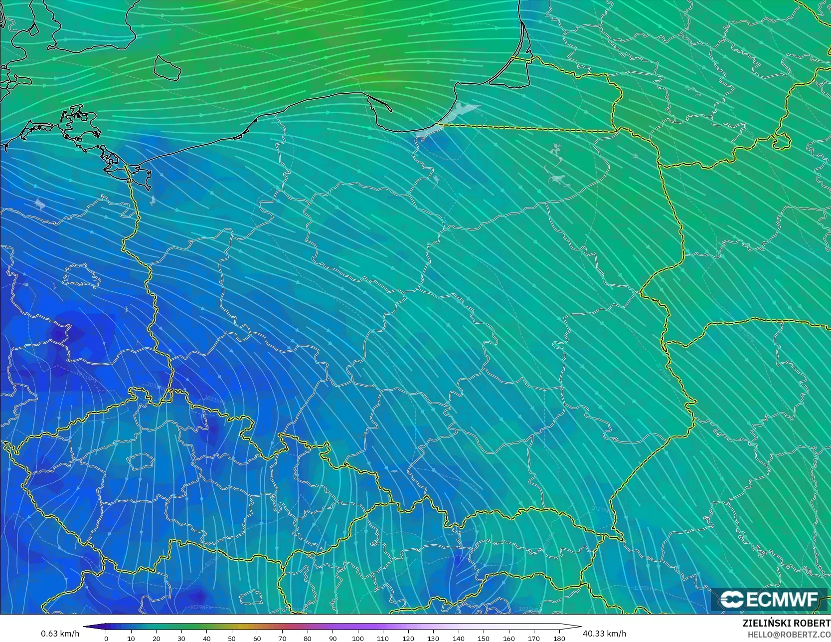 ECMWF IFS 0.25° model - Poland, Wind at 10m